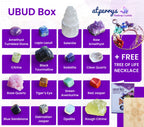 AtPerry's 16 LARGE Natural Healing Crystals Set in Wooden Box - Tumbled, Rough & Raw Crystals, Including Selenite Tower, Black T