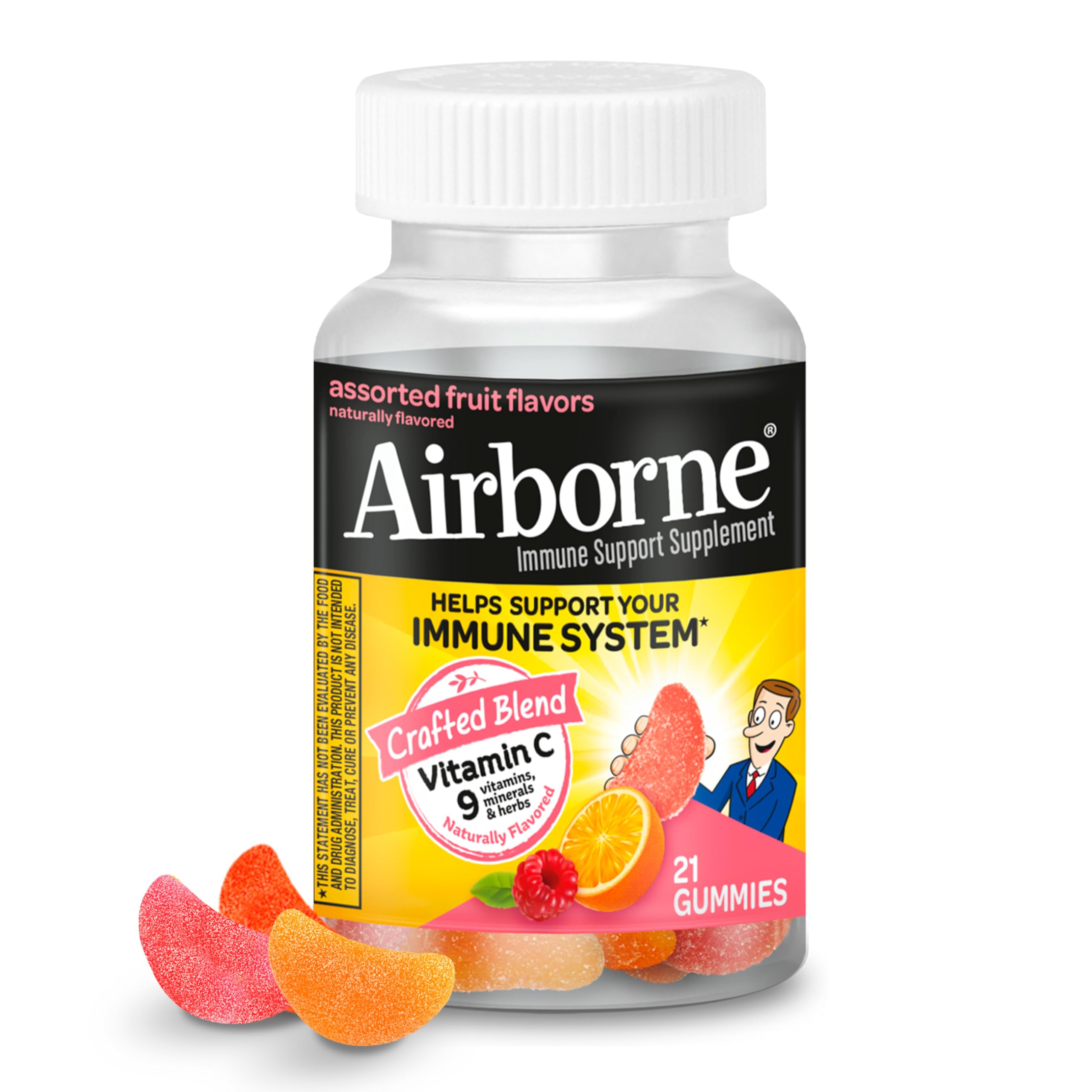 Airborne Vitamin C 750mg (per Serving) Assorted Fruit Flavored Gummies (21 Count in a Bottle), Gluten-Free Immune Support Supple