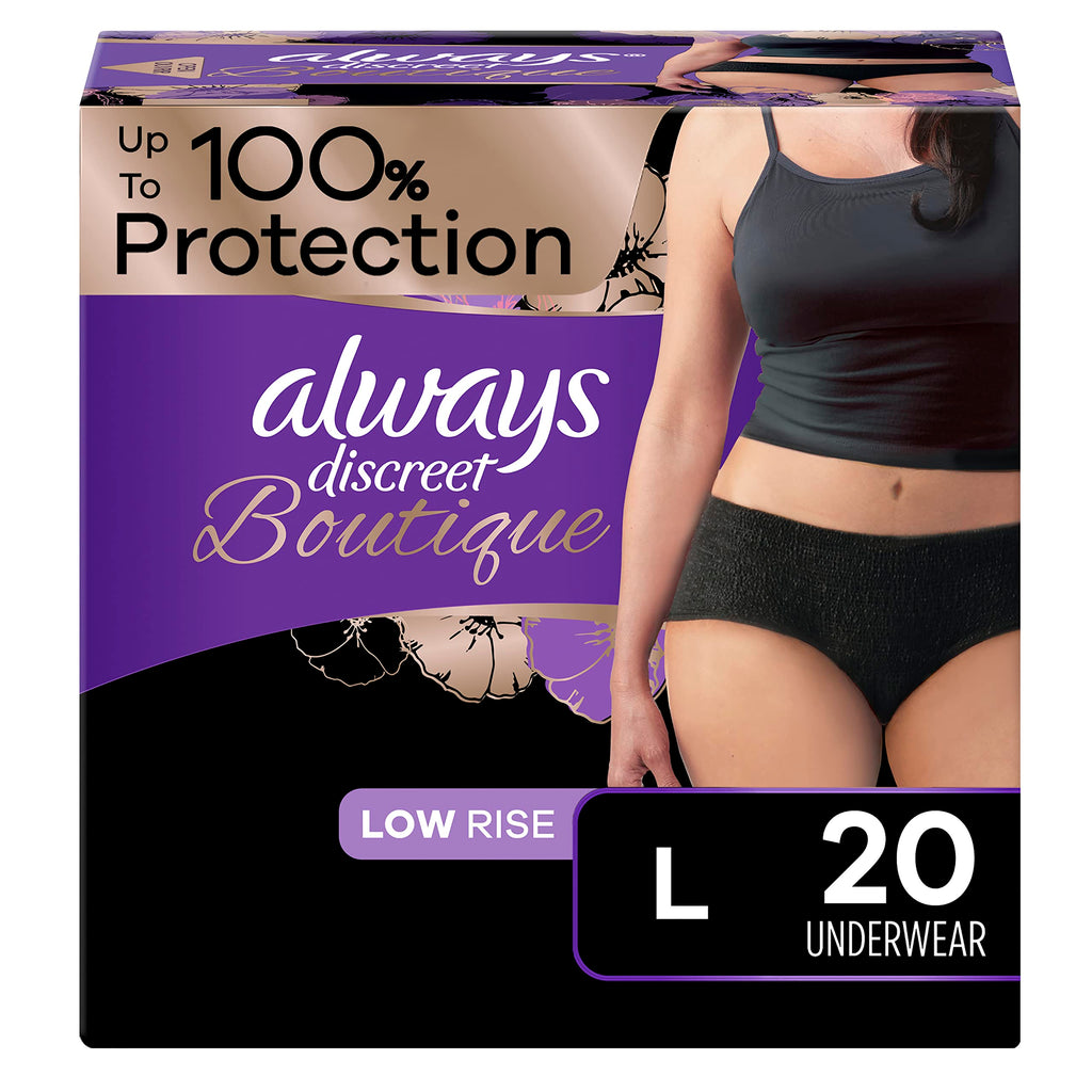 Always Discreet Boutique Adult Incontinence & Postpartum Underwear For Women, Low-Rise, Size Large, Black, Maximum Absorbency, D