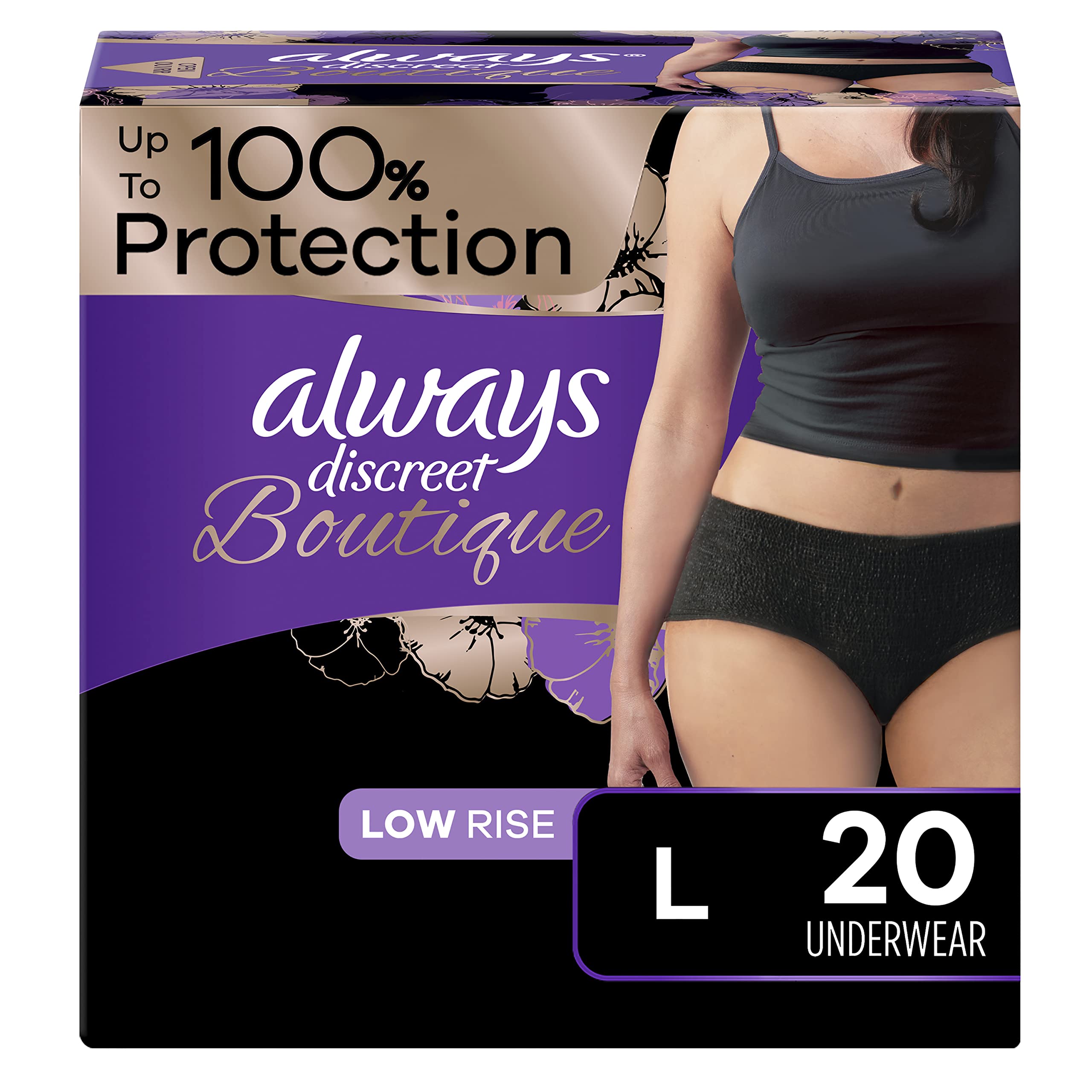 Always Discreet Boutique Adult Incontinence & Postpartum Underwear For Women, Low-Rise, Size Large, Black, Maximum Absorbency, D