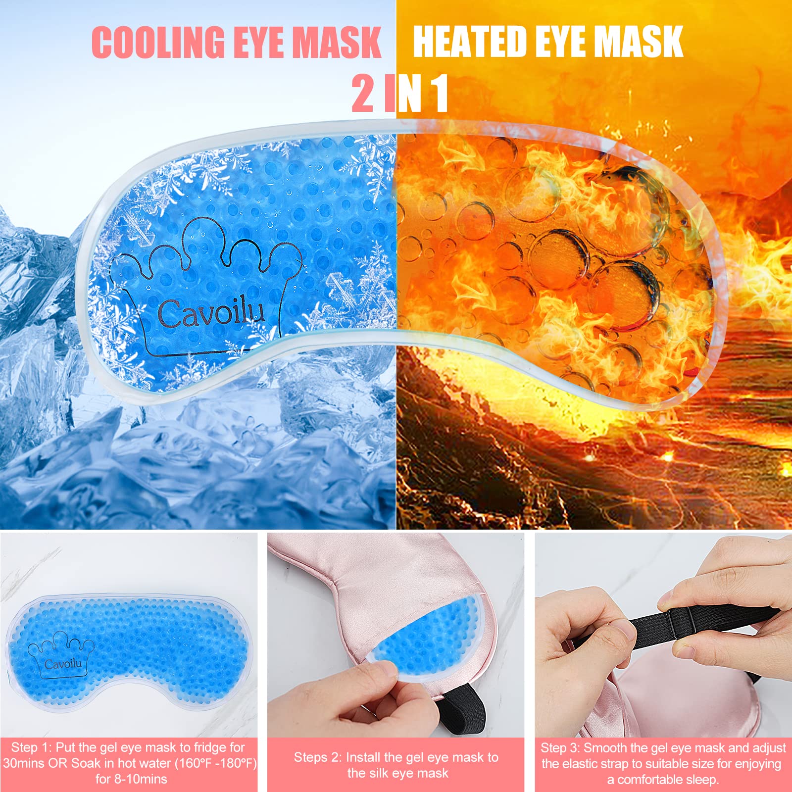 Cavoilu Cooling Eye Mask for Sleeping, Silk Sleep Mask w/Gel Eye Mask, Heated Eye Masks, Blindfold Eye Cover Women Sleeping Mask