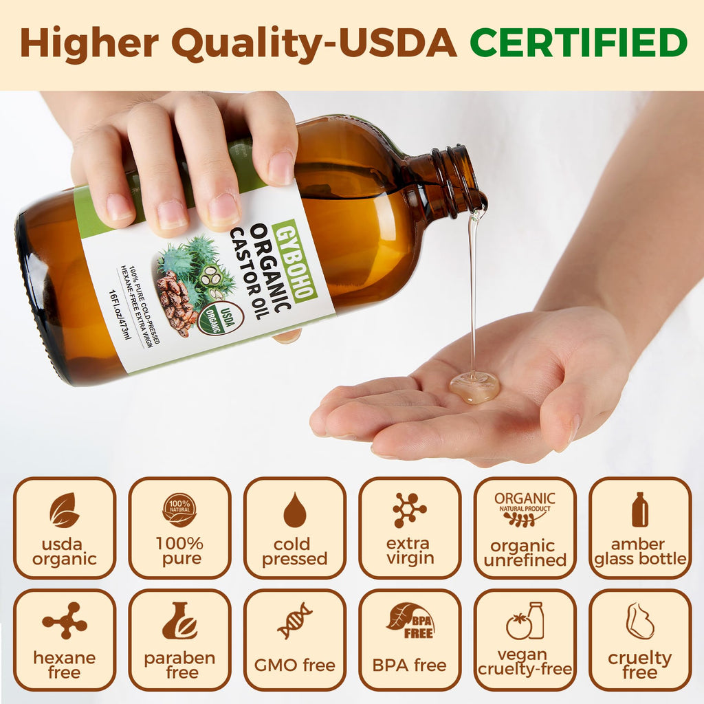 GYBOHO Castor Oil Pack Wrap Reusable & 16fl.oz Castor oil Organic Cold-Pressed Unrefined, with Disposable Castor oil Patches, fo