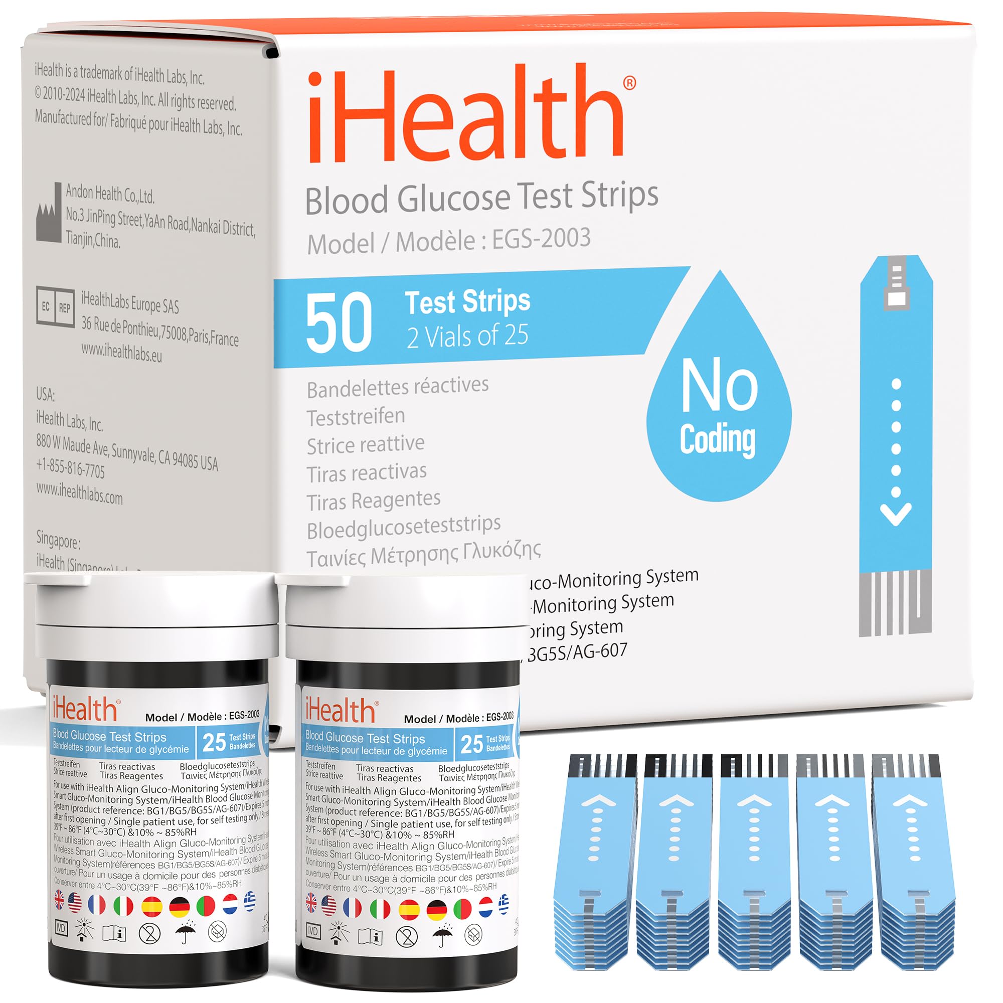 iHealth Blood Glucose Test Strips (50 Count), No Coding Blood Sugar Test, Eligible for FSA Reimbursement, Precision Sugar Measur