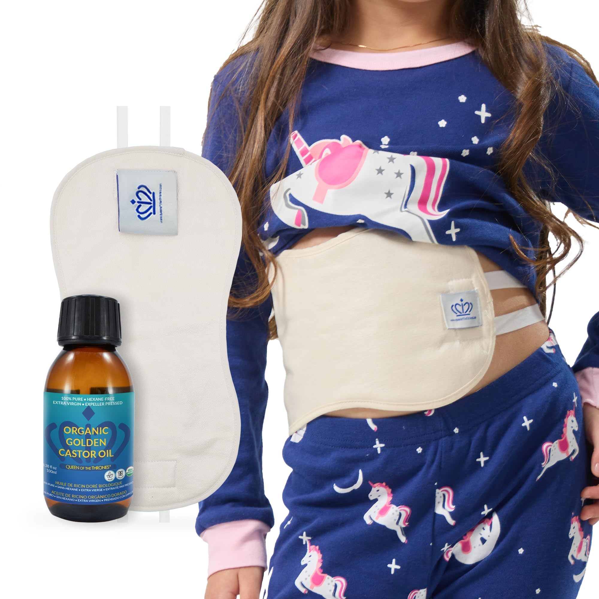 QUEEN OF THE THRONES Castor Oil Pack for Kids Kit - Heatless, Less-Mess, Reusable - Organic Cotton Flannel, Comfort Fit, Soft St