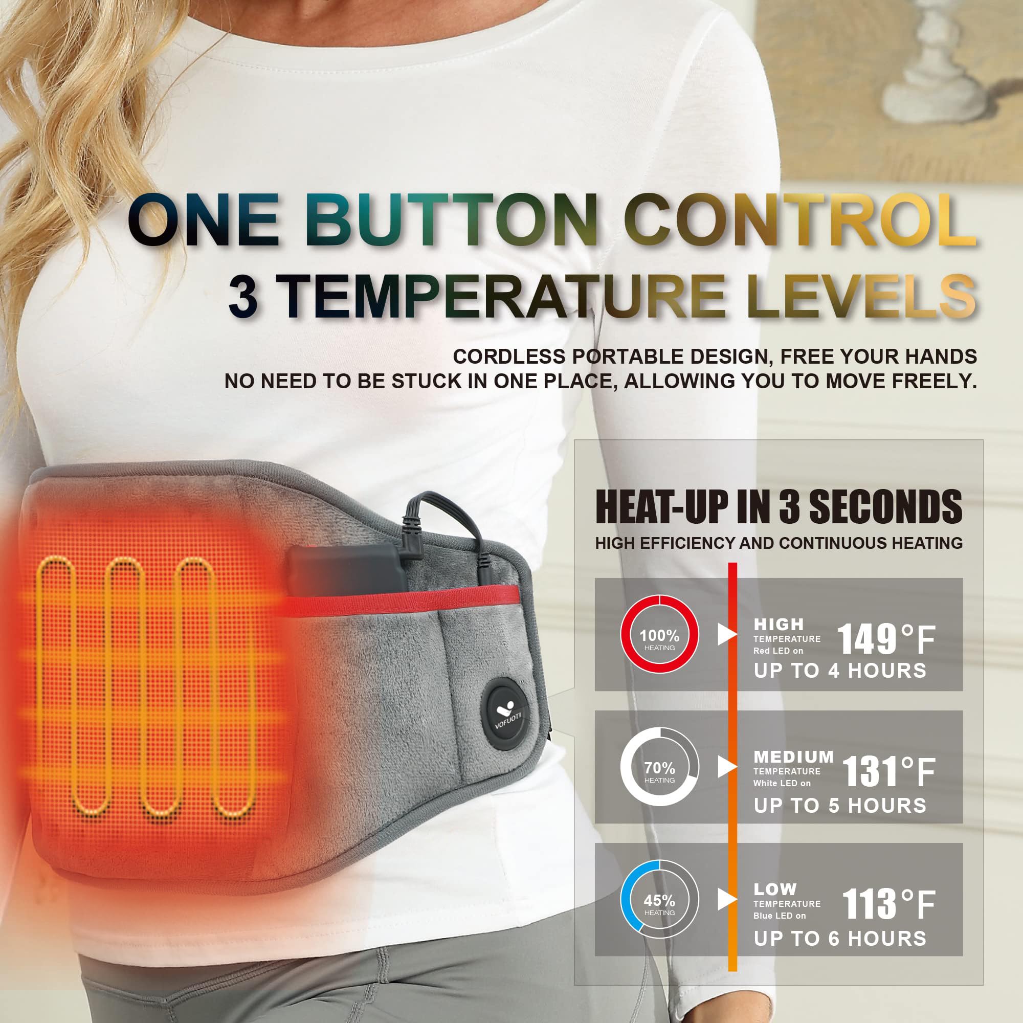 Vofuoti Cordless Heating Pad, Portable Heated Pad with Battery and 3 Heat Settings for Back, Abdomen, Women Men