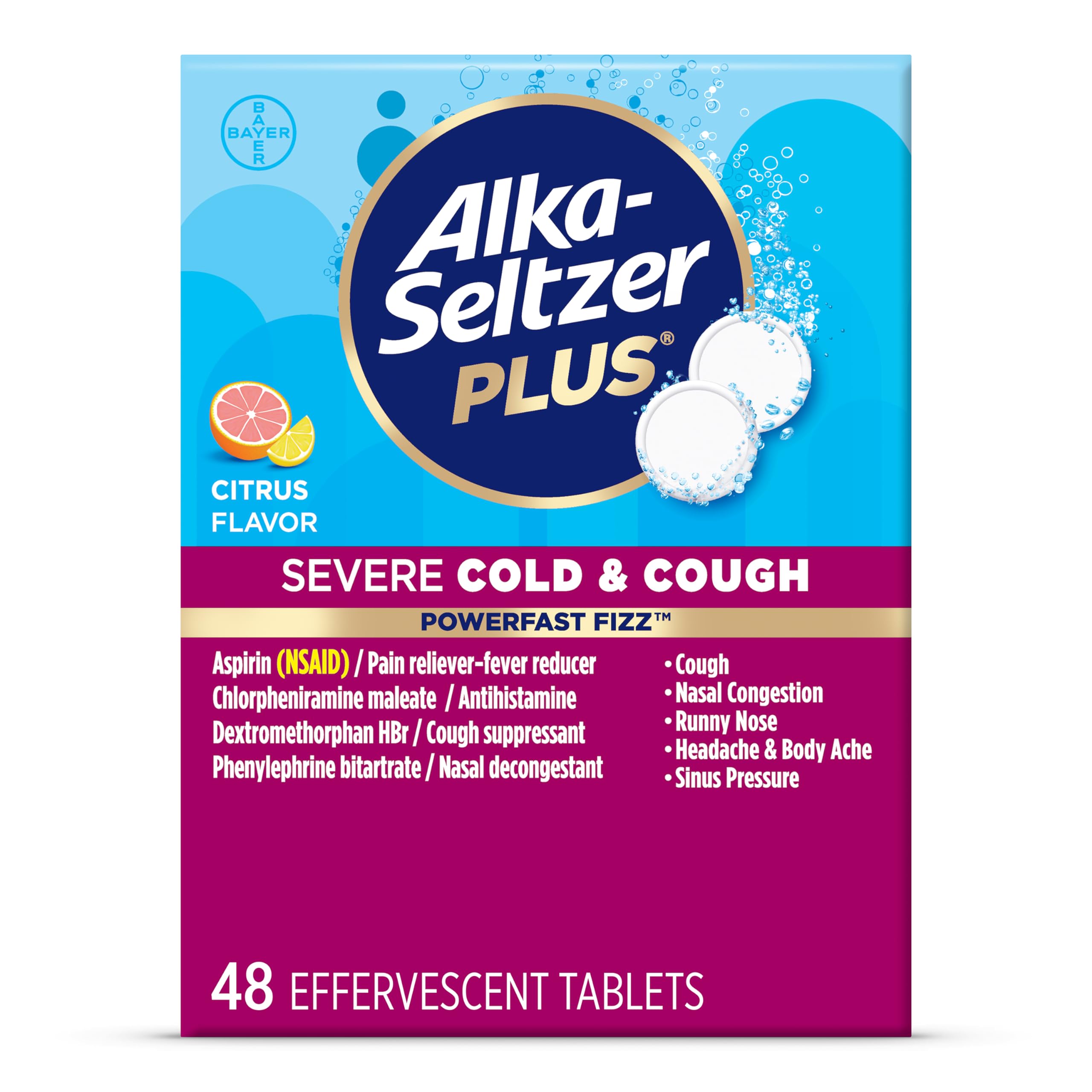Alka-Seltzer Plus Severe,Cold & Cough Medicine For Adults,PowerFast Fizz Citrus Effervescent Tablets,Fast Relief of Headache,Sor