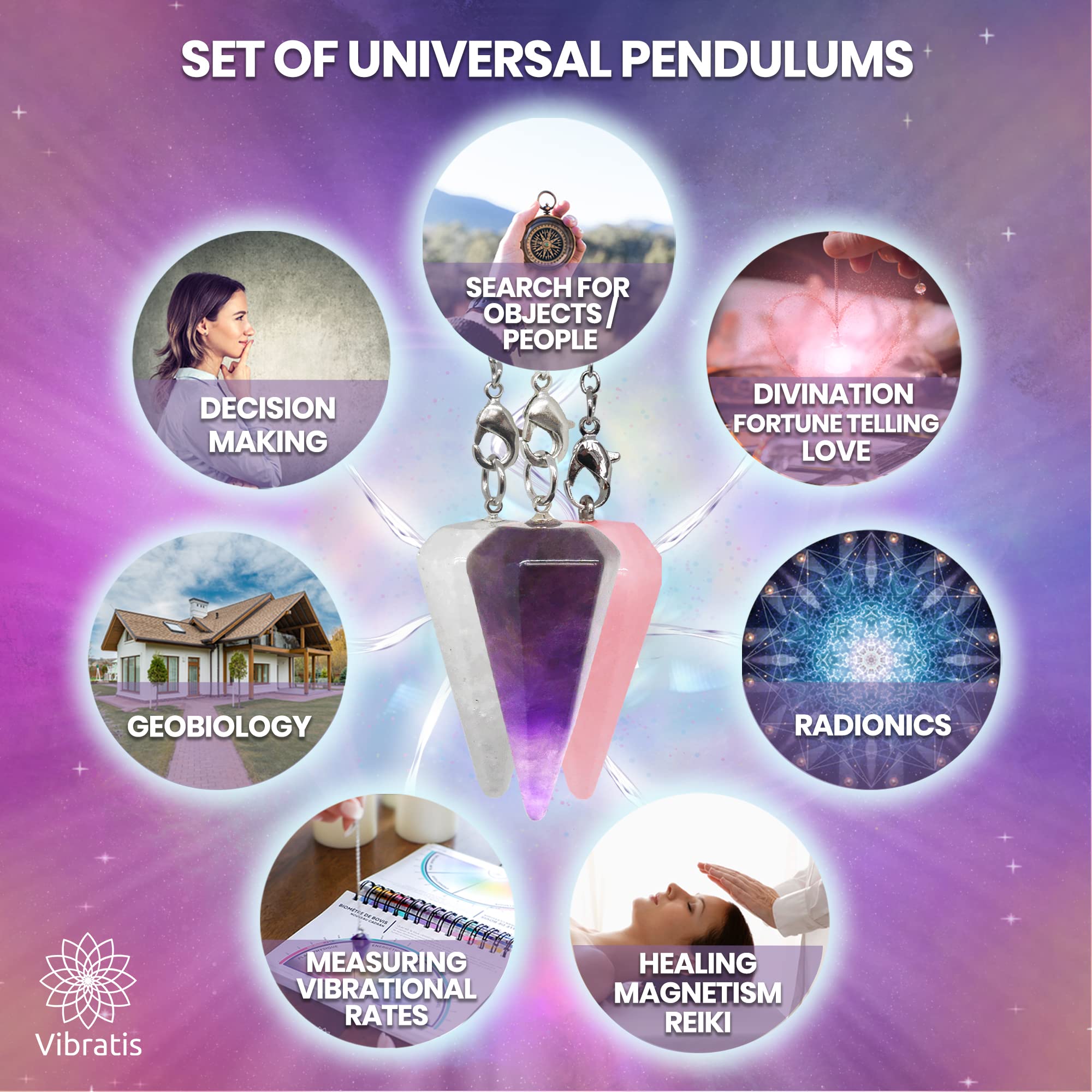 Dowsing Crystal Pendulum - Pack x3 Amethyst, Rock Crystal and Rose Quartz