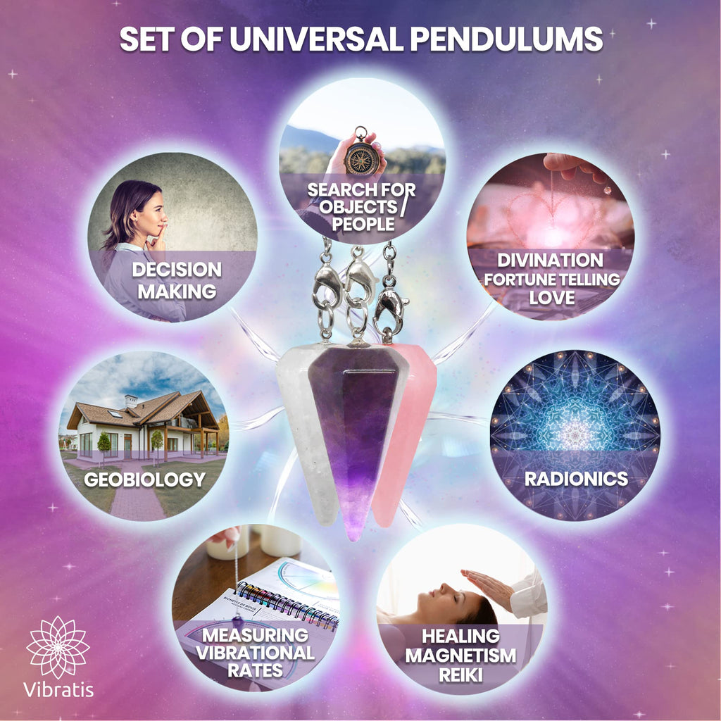 Dowsing Crystal Pendulum - Pack x3 Amethyst, Rock Crystal and Rose Quartz