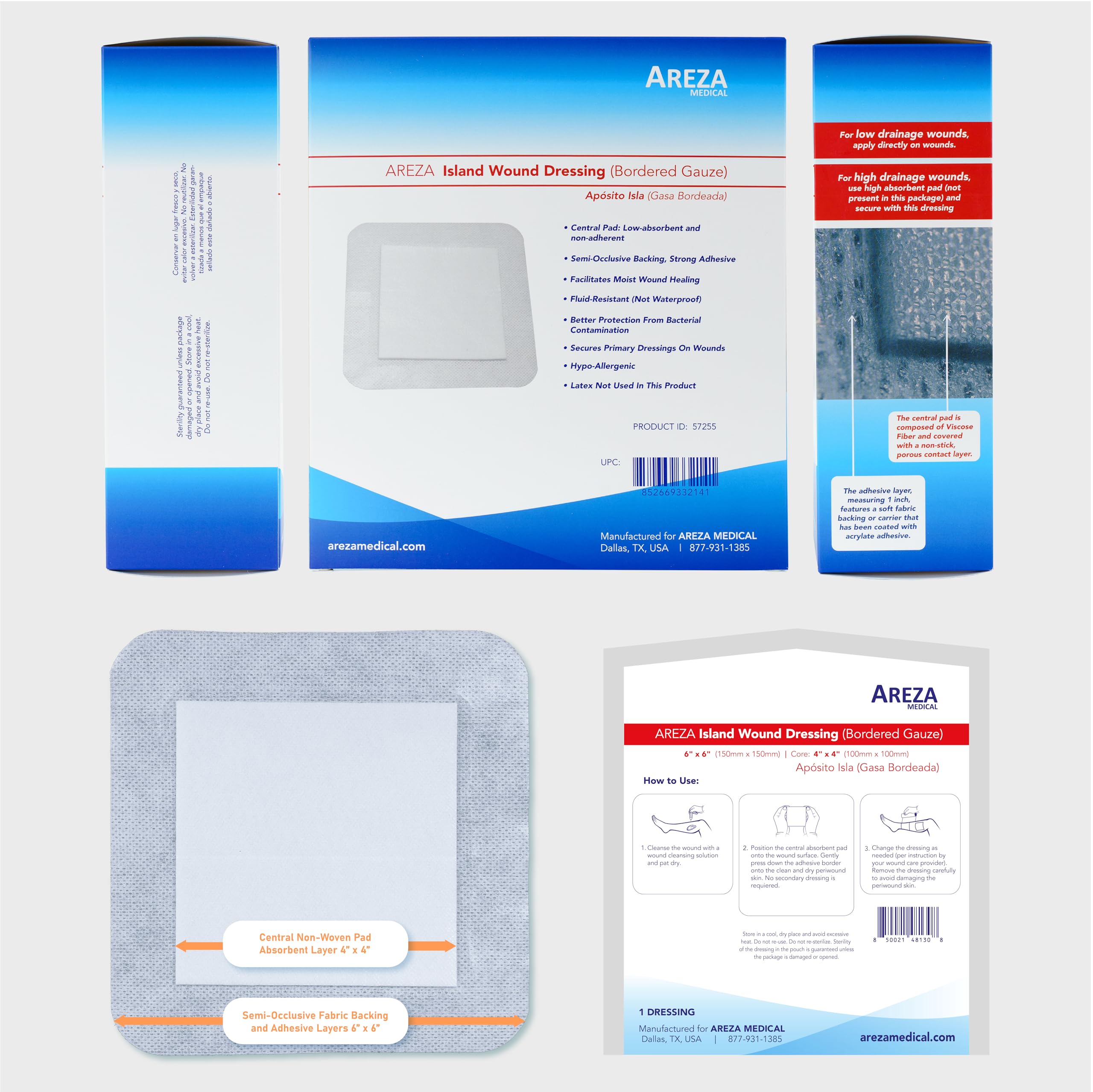 Areza Medical - Bordered Gauze Island Dressing - Wound Dressing - Latex Free - sterile - 6 x 6 - 30 per Box - FSA/HSA Approved