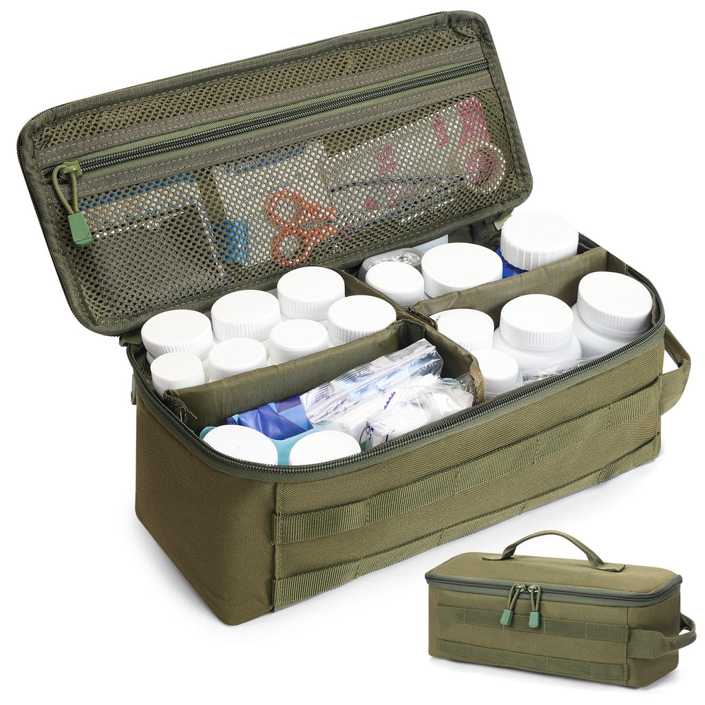 QISVVE First Aid Bag Empty Pill Box Organizer,Tactical Medical Bag Case,Portable EDC Travel Medicine Pill Bottle Organizer (Gree