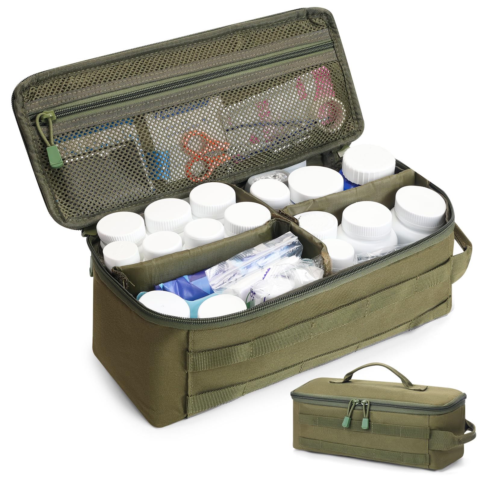 QISVVE First Aid Bag Empty Pill Box Organizer,Tactical Medical Bag Case,Portable EDC Travel Medicine Pill Bottle Organizer (Gree