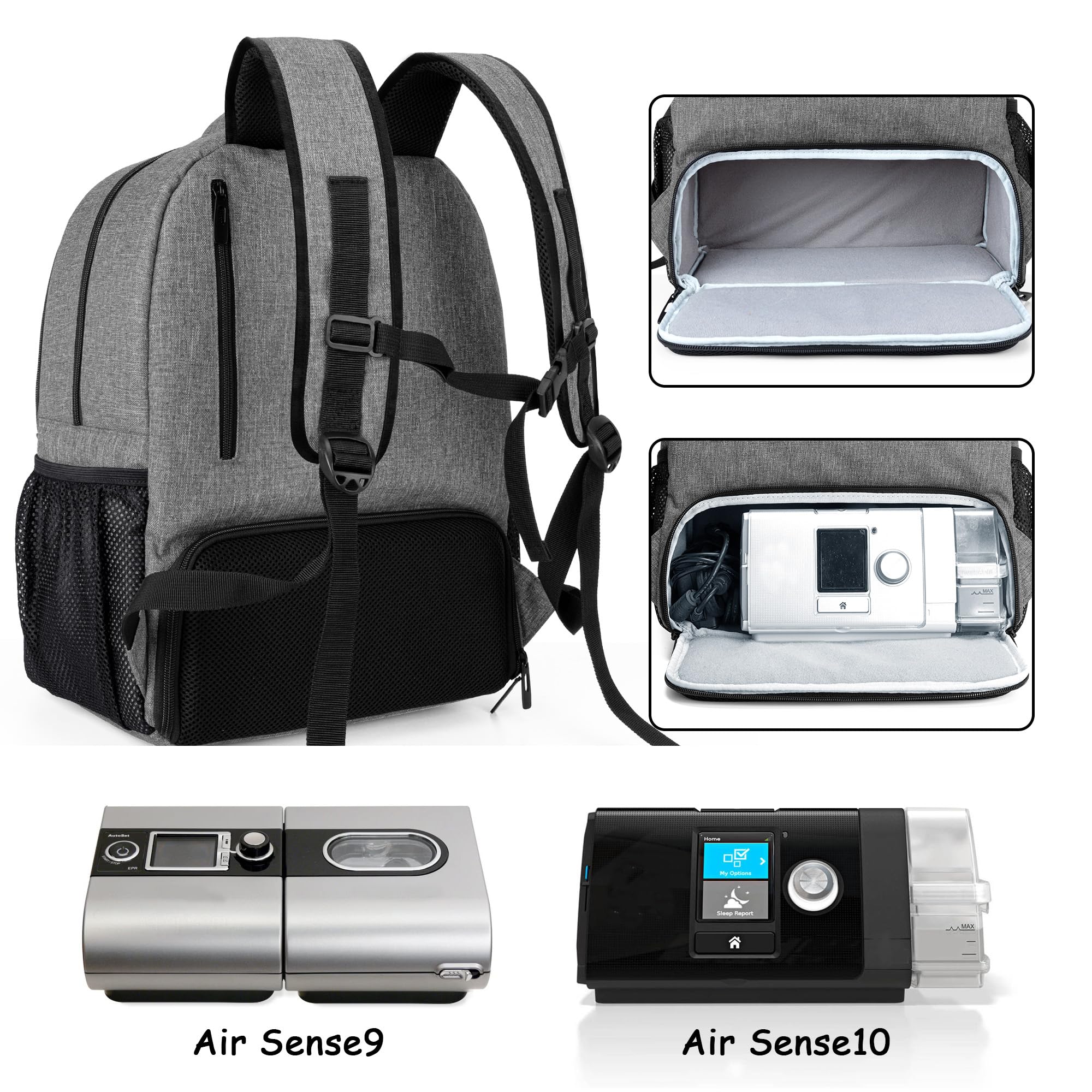 CURMIO CPAP Travel Backpack - Compatible for ResMed AirSense & Philips System One, Carry On Bag for CPAP Machine & Supplies, Gra