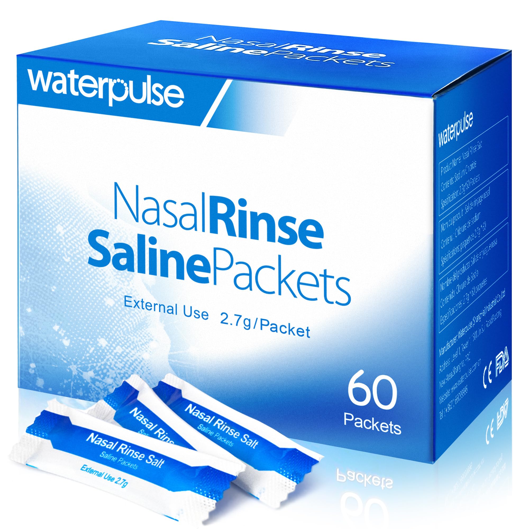 Waterpulse 60 Nasal Rinse Packets,Effective Neti Pot Salt Packets,Nasal Rinse Salt Packets Individually Wrapped - Convenient Sol