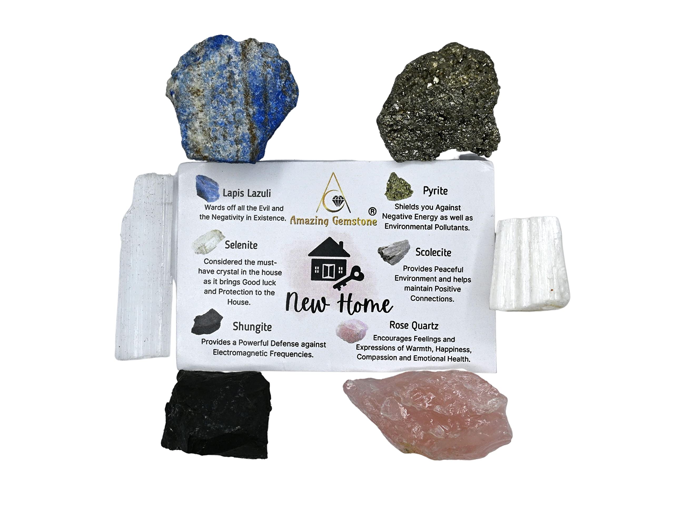 Crystals for New Home Manifestation, Set of 6 Lapis Lazuli, Selenite, Shungite, Pyrite, Scolecite and Rose Quartz Healing Crysta
