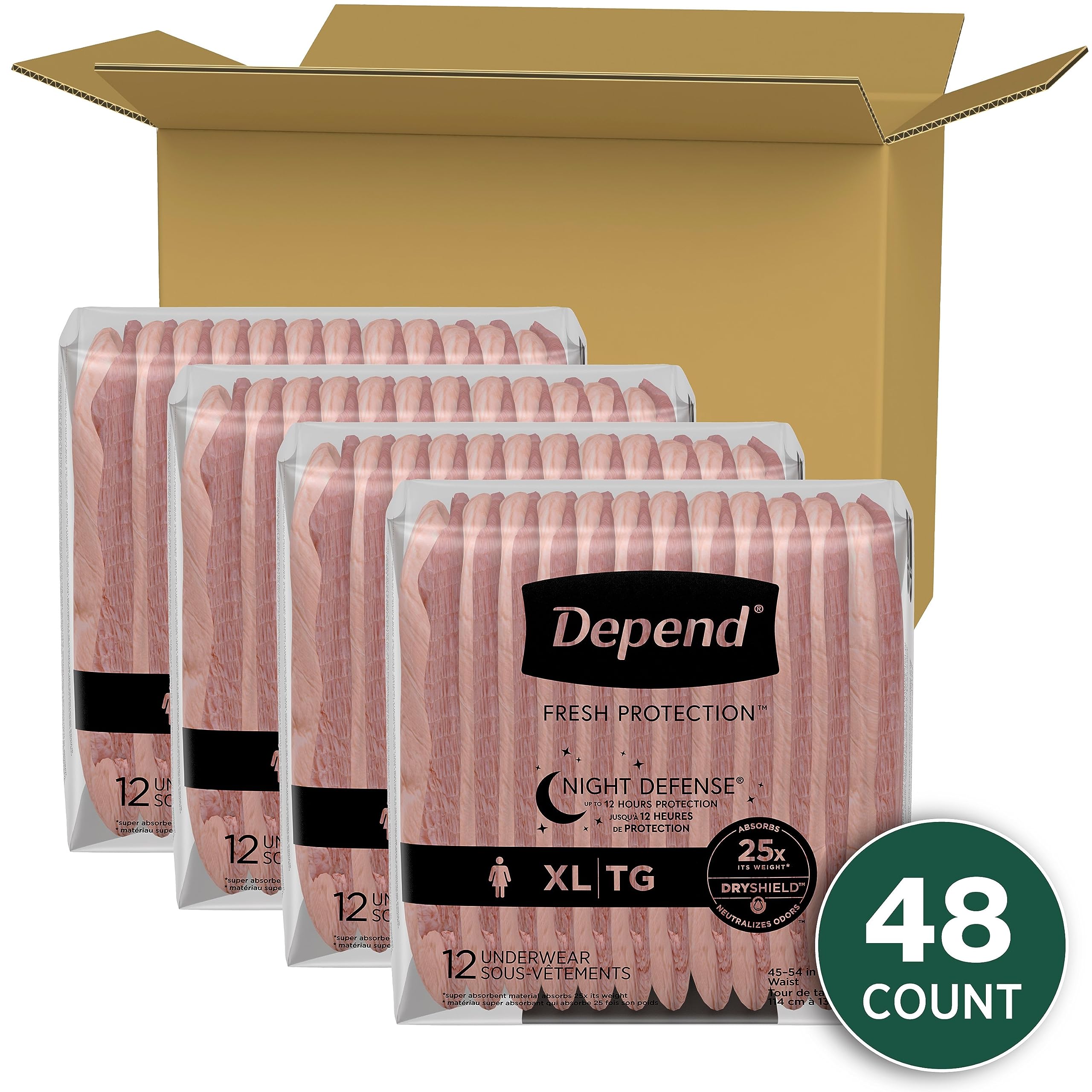Depend Night Defense Adult Incontinence & Postpartum Bladder Leak Underwear for Women, Disposable, Overnight, Extra-Large, Blush