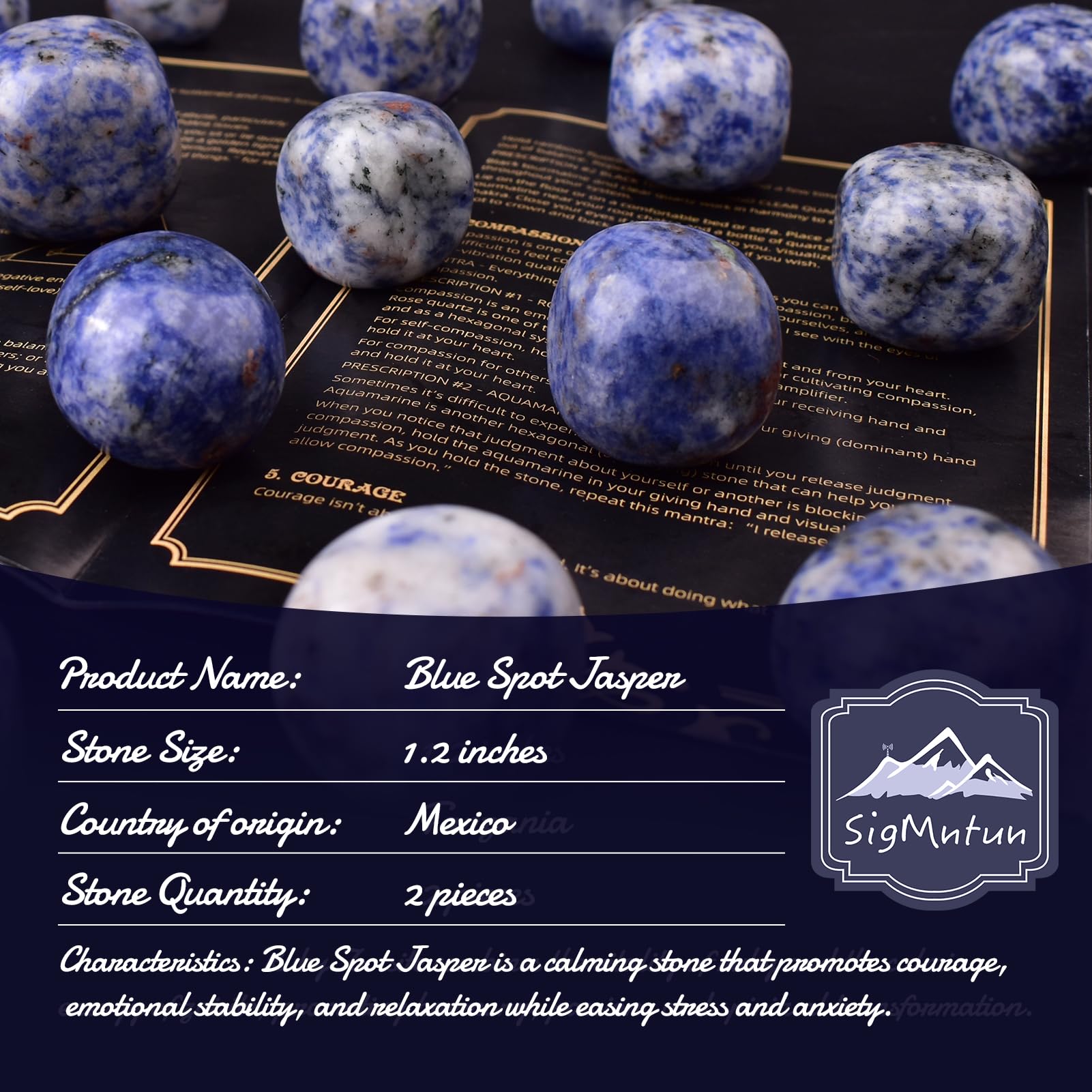 SigMntun Polished Blue Spot Jasper Crystal Stones - 2 Pieces 1.2 inches Super Large Handpicked Natural Tumbled Gemstones for Rei