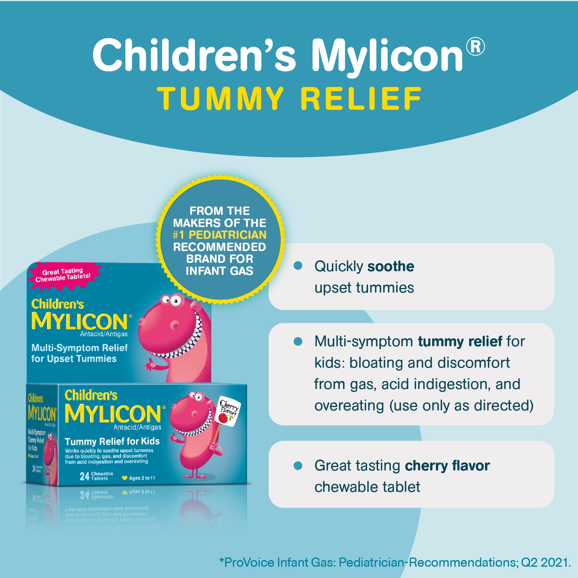 MYLICON Childrens Tummy Relief for Kids, 24 Cherry Flavored Chewable Tablets