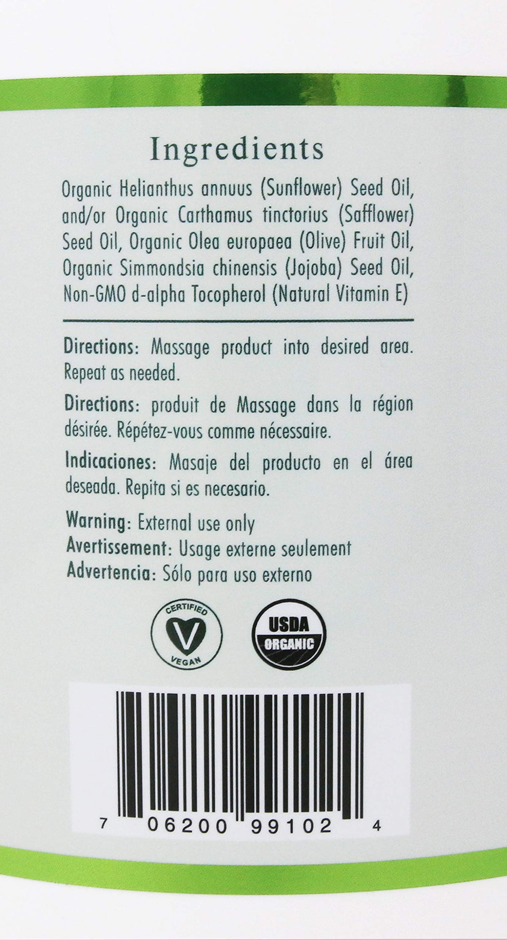 Organic Massage Oil Blend (1 Gallon) - Unscented, Nut Oil Free, Gluten Free and USDA Certified Organic