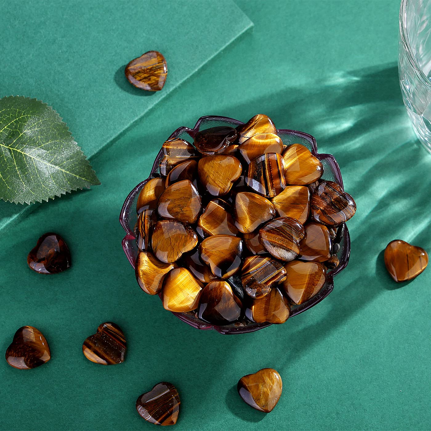 QINJIEJIE 20 PCS Natural Heart Healing Crystals Tigers Eye Polished Crystal Stones Mini Cute Pocket Palm Love Gemstones Set Bulk