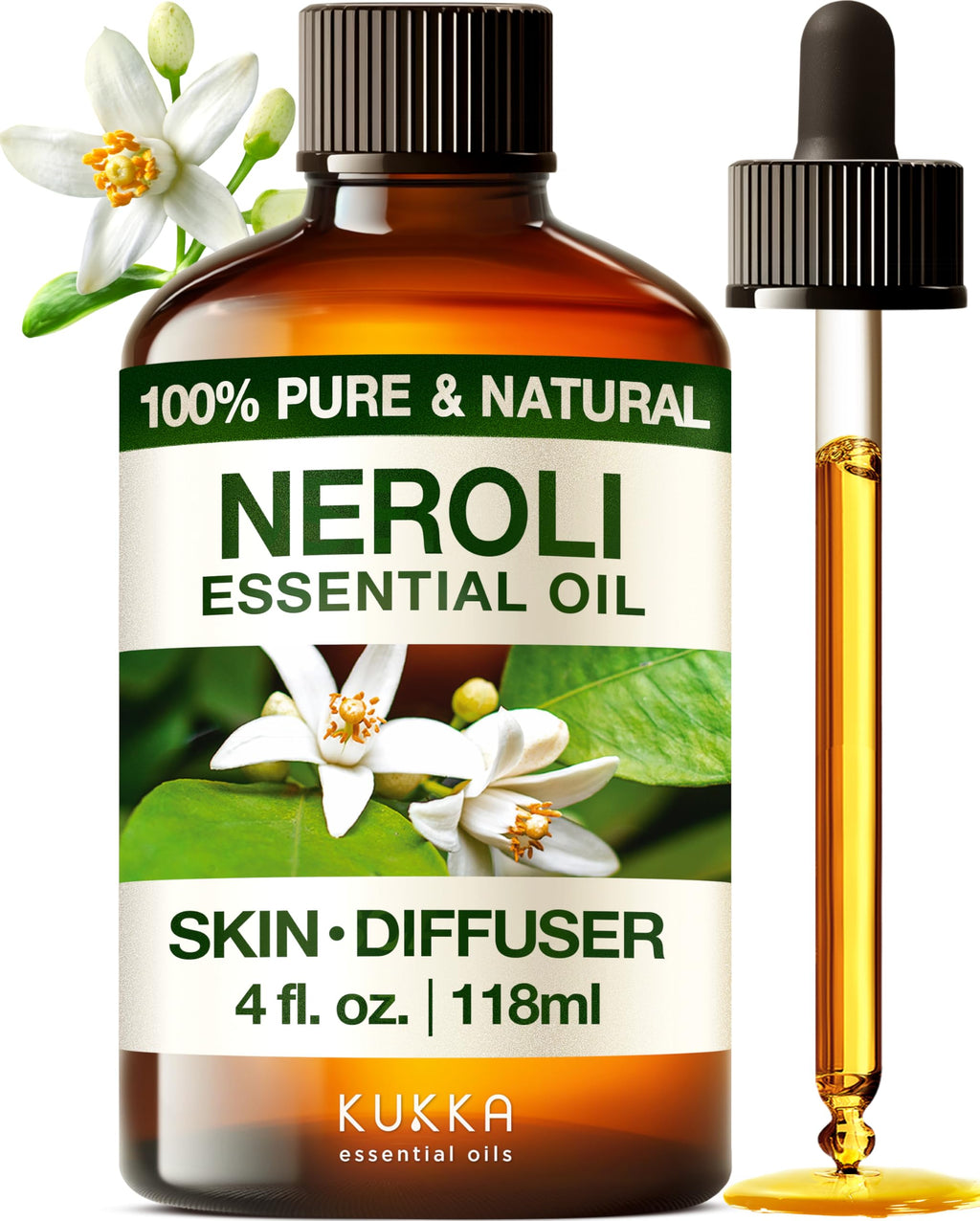 Kukka Neroli Essential Oil for Diffuser Skin - 4 Fl Oz - 100% Pure Natural Neroli Oil, Floral Scent, for Aromatherapy, Candle, B