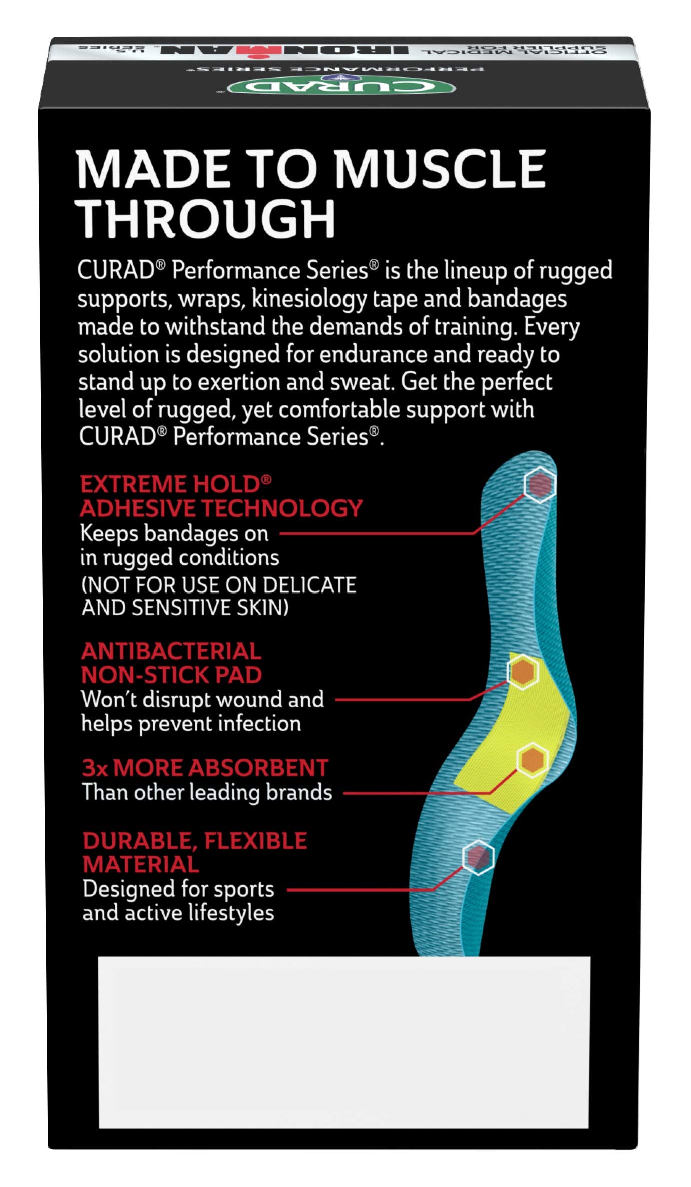 CURAD Performance Series IRONMAN Antibacterial Bandages, Extreme Hold Adhesive Technology, Standard Size Flexible Fabric Bandage