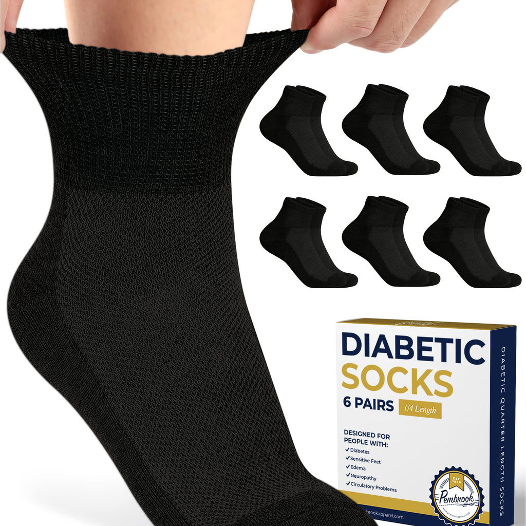 Pembrook Black Diabetic Socks for Men & Women | 6 Pairs | Wide Stretch Top Mens Diabetic Socks | Diabetic Socks for Men 9-12 | A