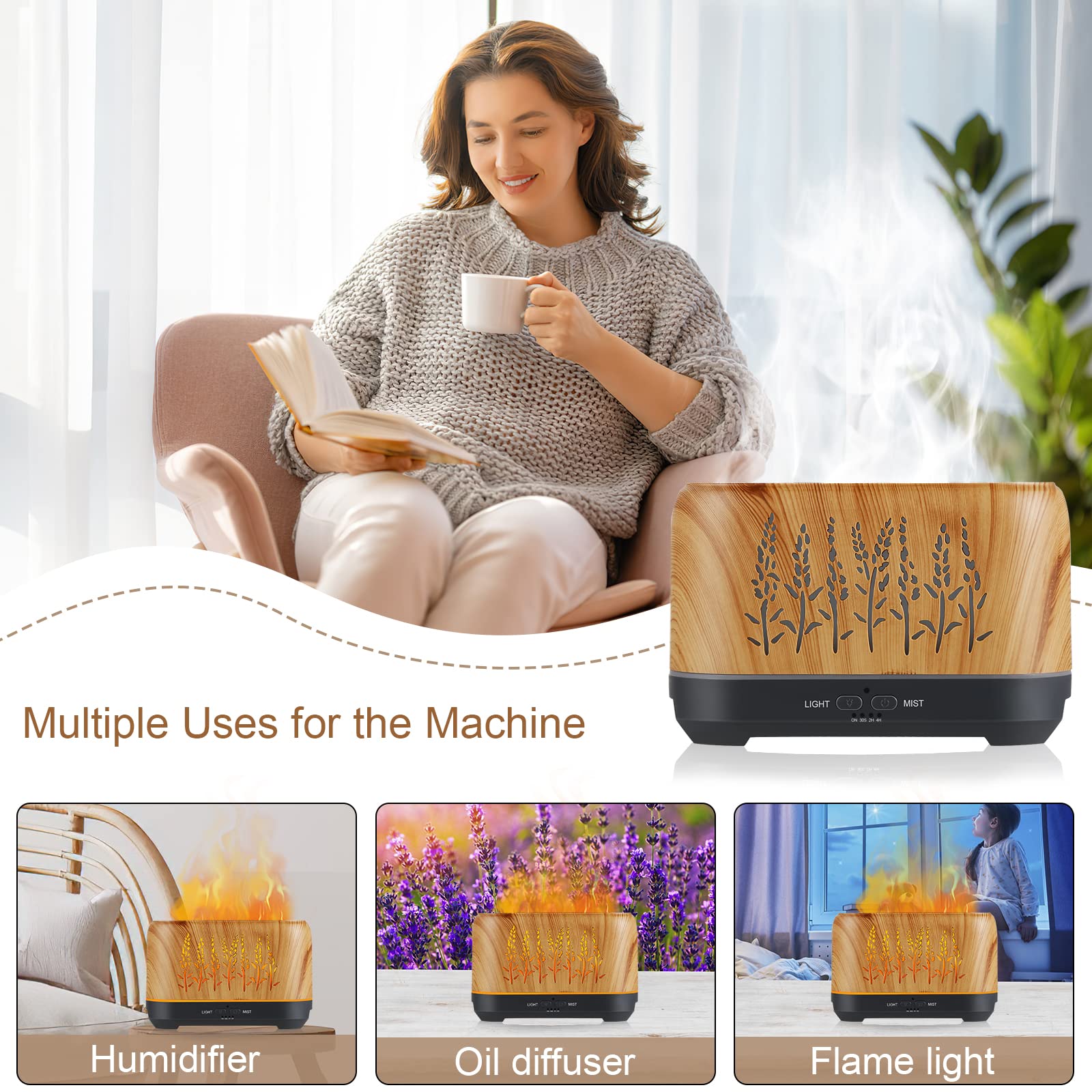 NEWYID Essential Oil Diffuser, 240ml Ultrasonic Flame Oil Diffuser, 3 Mist Mode 4 Timer Up to 12H of Continuous Aroma Waterless