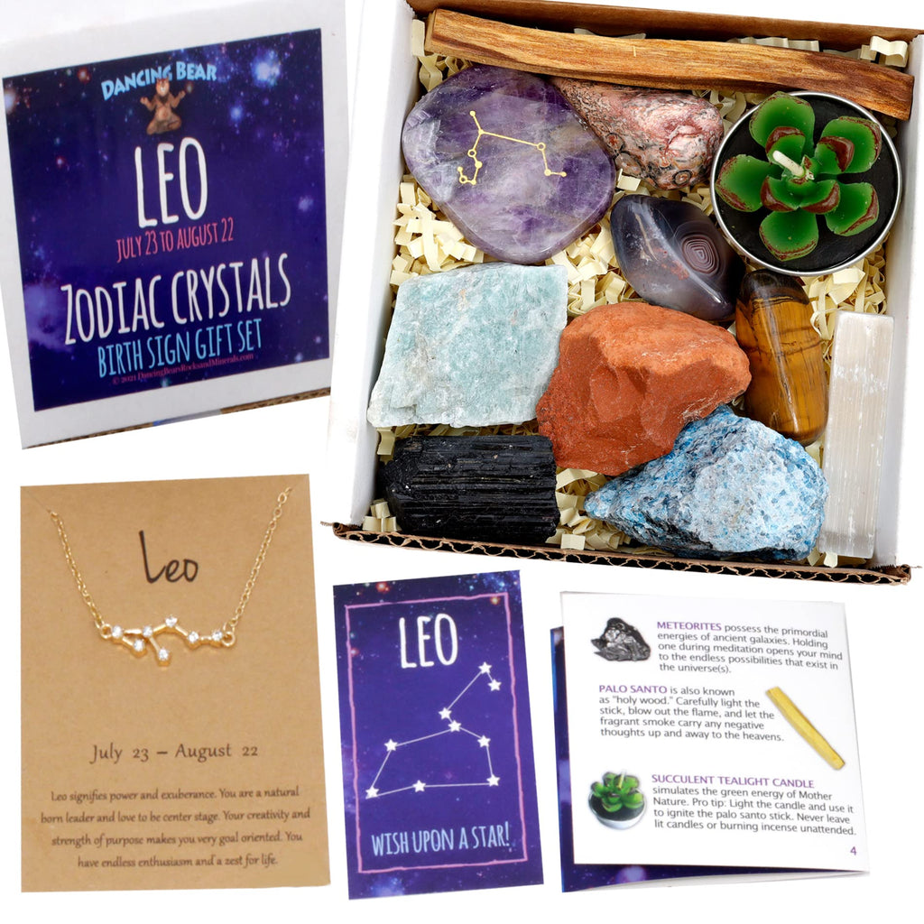 DANCING BEAR Leo Zodiac Healing Crystals Gift Set (14 Pc): 9 Stones, 18K Gold-Plated Constellation Necklace, Meteorite, Succulen
