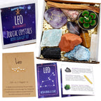 DANCING BEAR Leo Zodiac Healing Crystals Gift Set (14 Pc): 9 Stones, 18K Gold-Plated Constellation Necklace, Meteorite, Succulen
