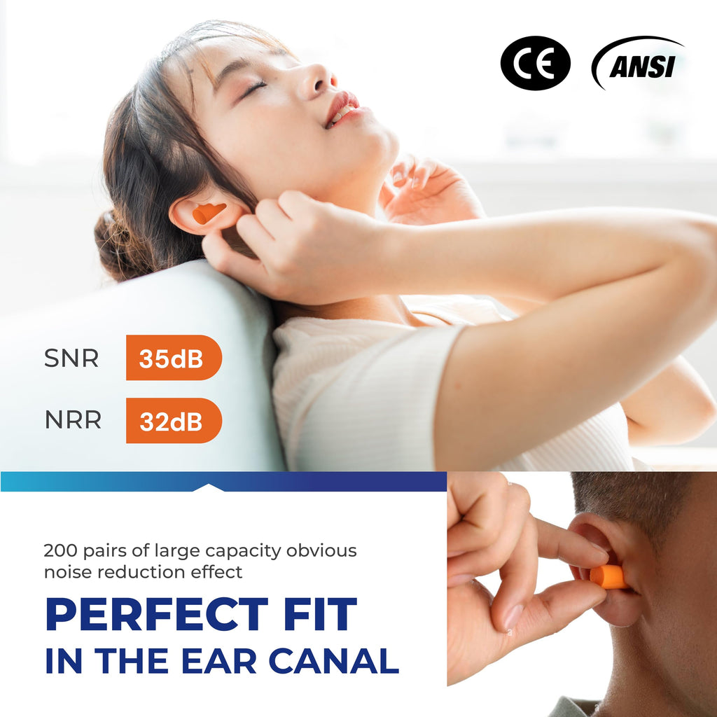 ATERET Earplugs 200 Pairs I 32db Noise Cancelling Soft Disposable Ear Plugs I Safety Hearing Protection for Travel Concert Hunti