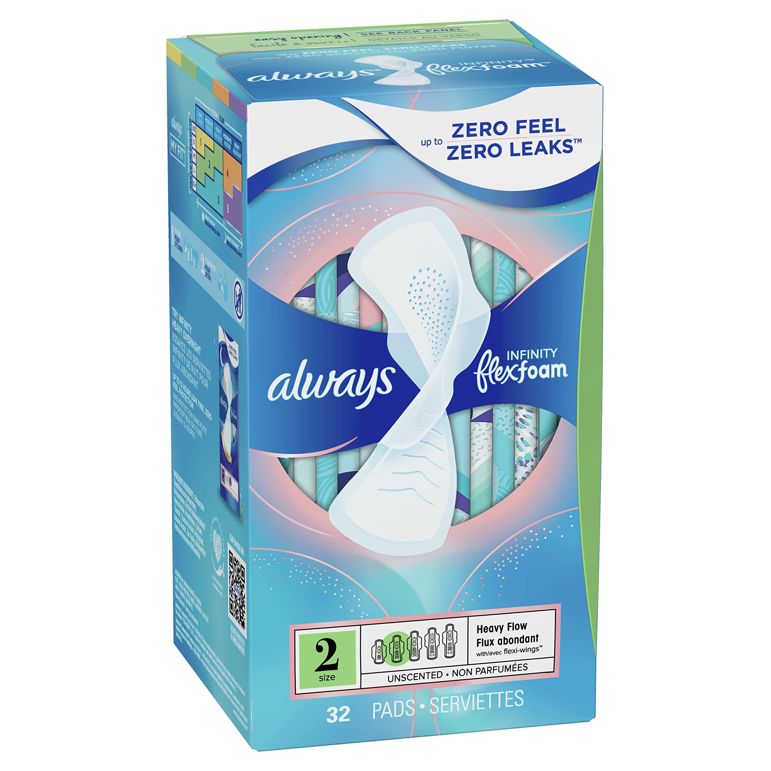 Always Infinity Feminine Pads for Women, Size 2 Heavy, with Wings, unscented, 32ct