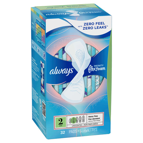 Always Infinity Feminine Pads for Women, Size 2 Heavy, with Wings, unscented, 32ct