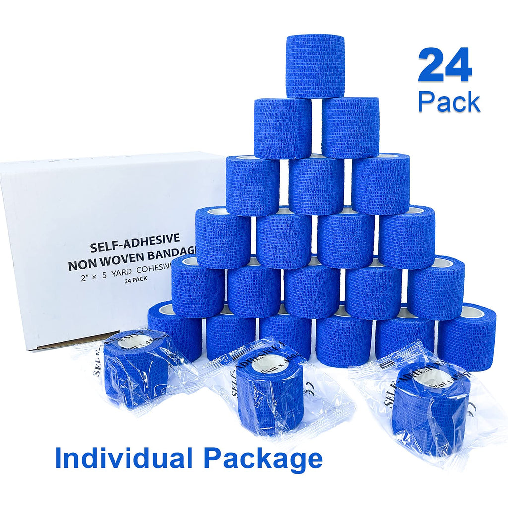 [24Pack 2 x5 Yards] Blue-Self Adhesive Bandages Pre Wrap, Athletic Elastic Cohesive Bandage for Sports, Injuries, Treatments, an
