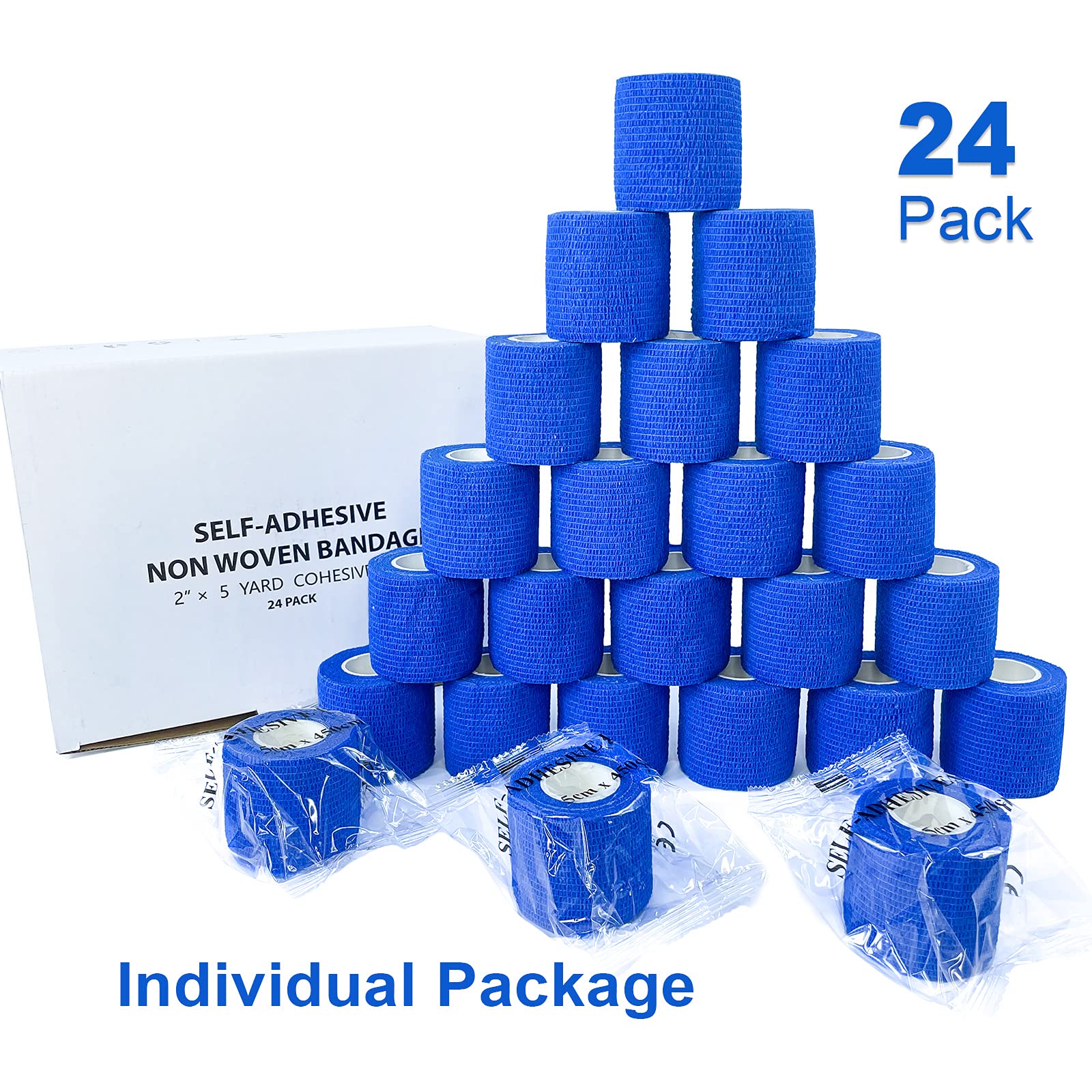 [24Pack 2 x5 Yards] Blue-Self Adhesive Bandages Pre Wrap, Athletic Elastic Cohesive Bandage for Sports, Injuries, Treatments, an