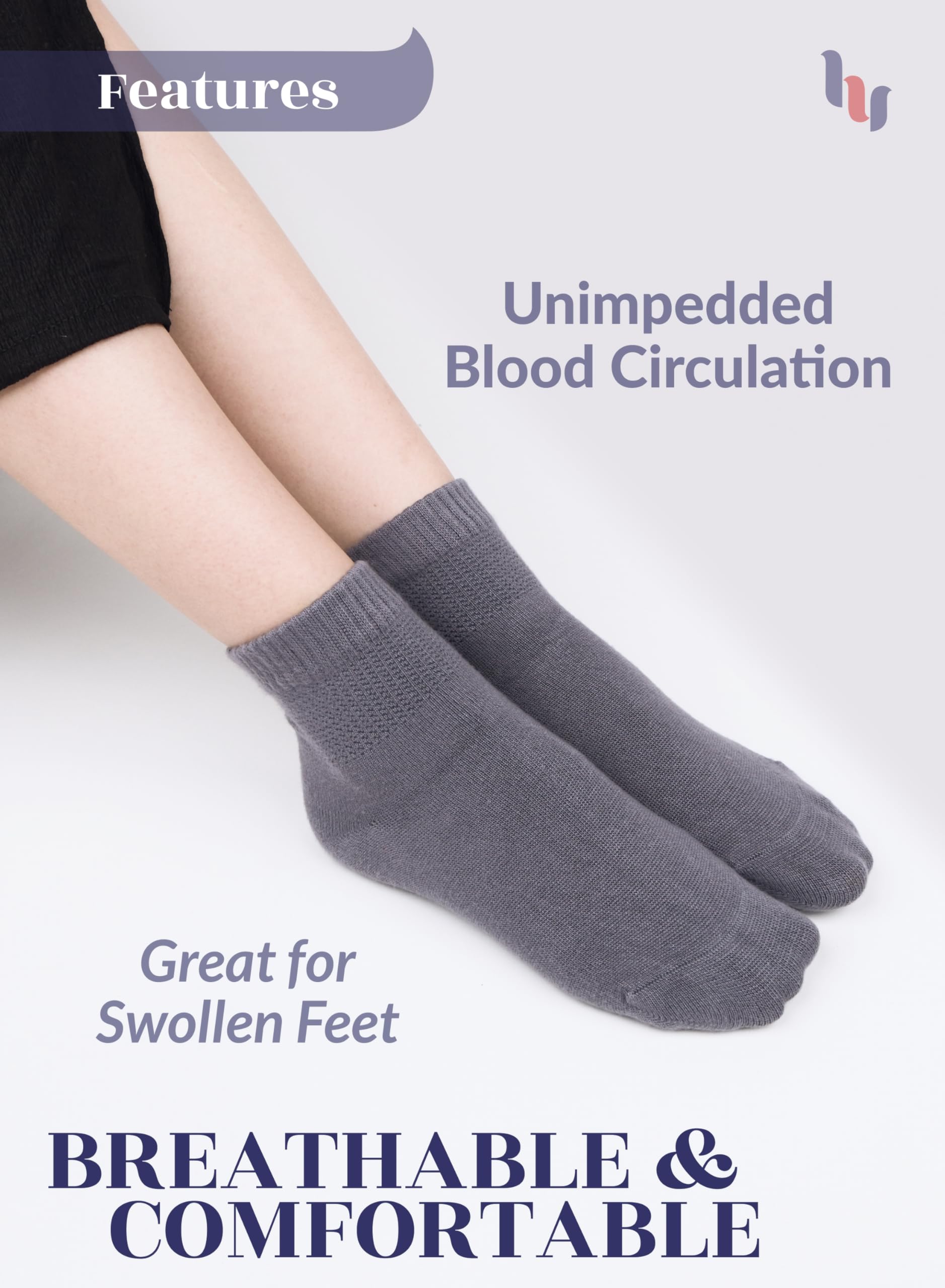 Hugh Ugoli Women Diabetic Ankle Socks, Super Soft & Thin Bamboo Socks, Wide & Loose, Non-Binding Top & Seamless Toe, 4 Pairs, gr
