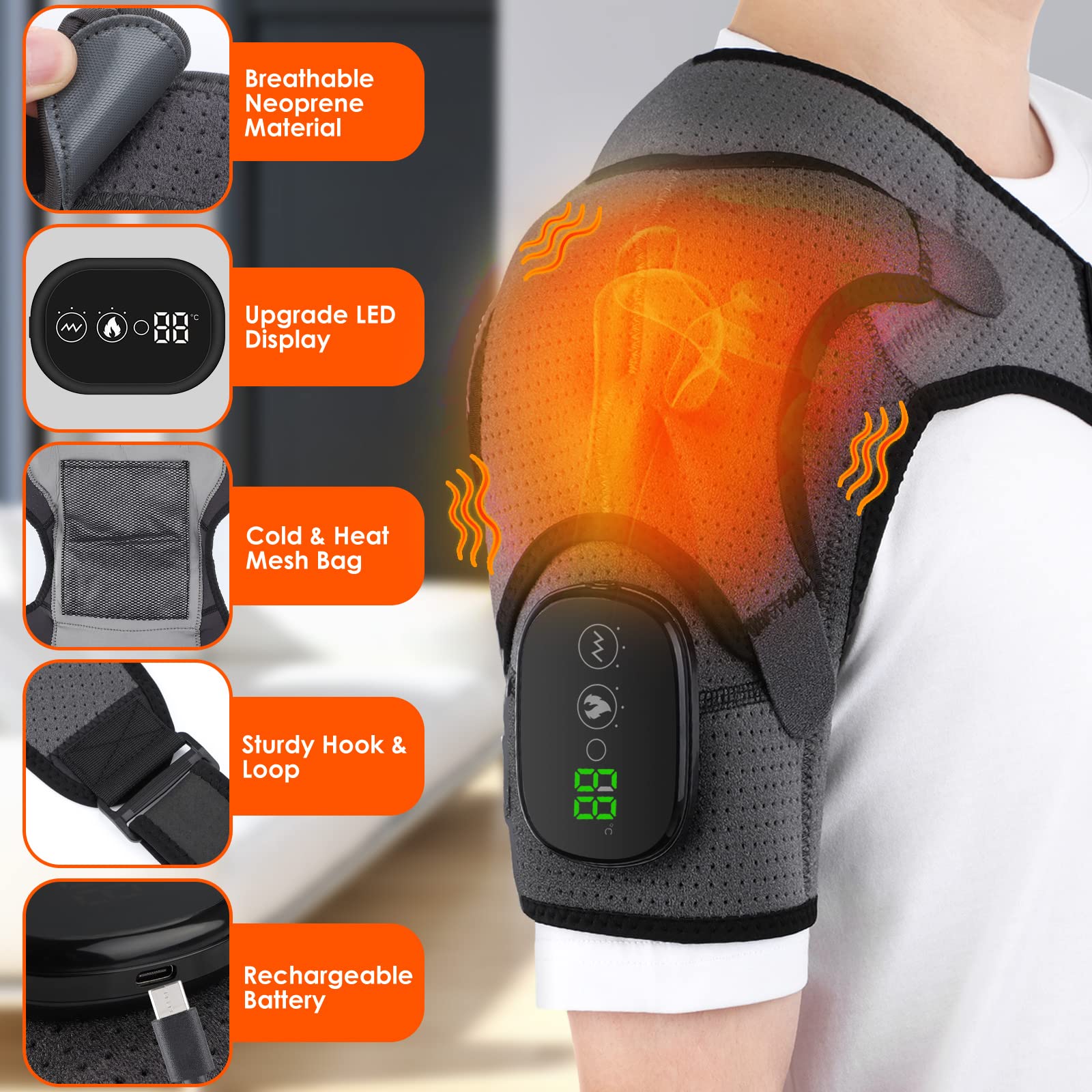 Heated Shoulder Wrap, Shoulder Heating Pads Massager for Men Women, Electric Cordless Vibration Massage Heated Shoulder Braces w