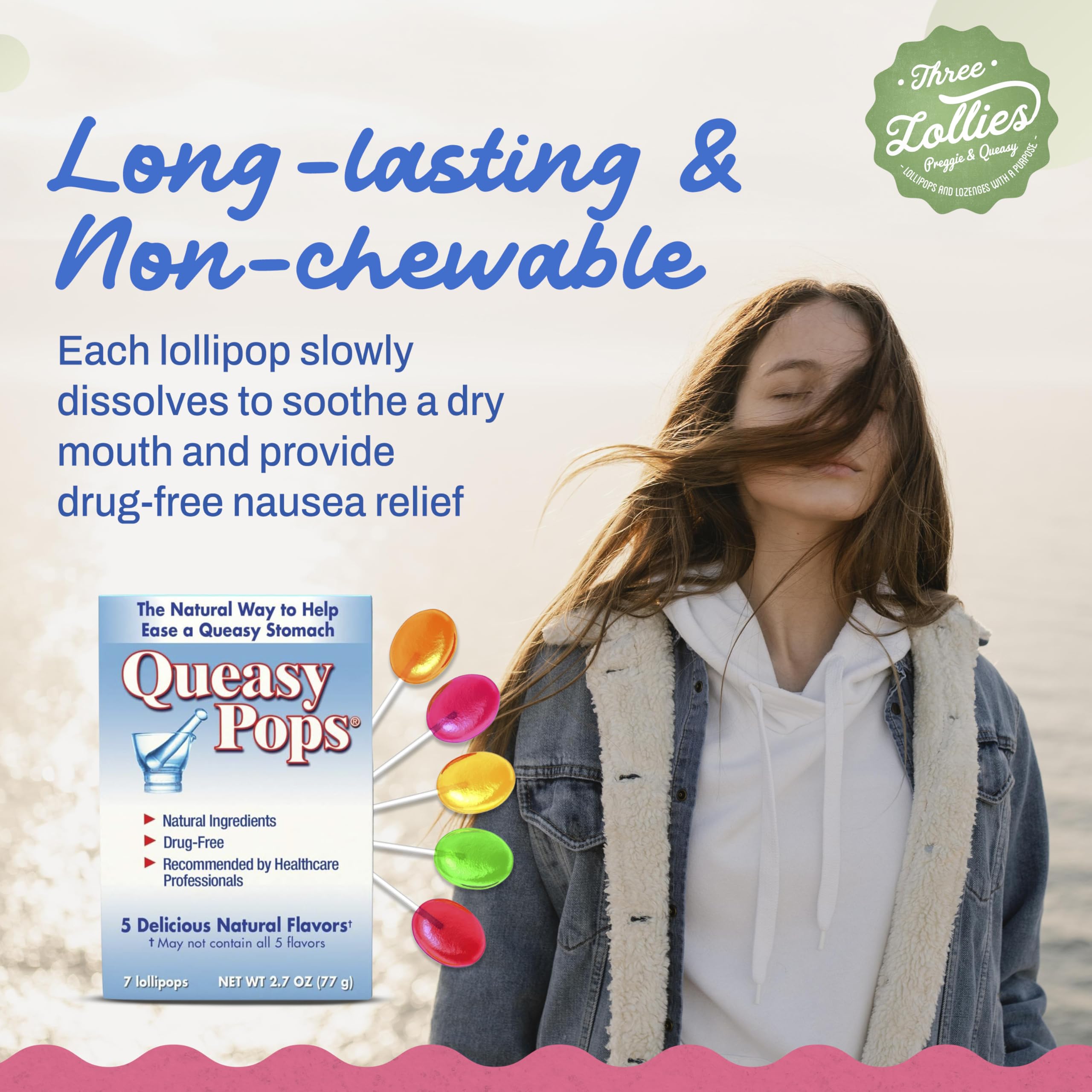 Three Lollies Queasy Pops - Lollipop Sticks for Nausea Relief, Motion Sickness & Dry Mouth - Natural Ingredients - 7 ct (3-Pack)