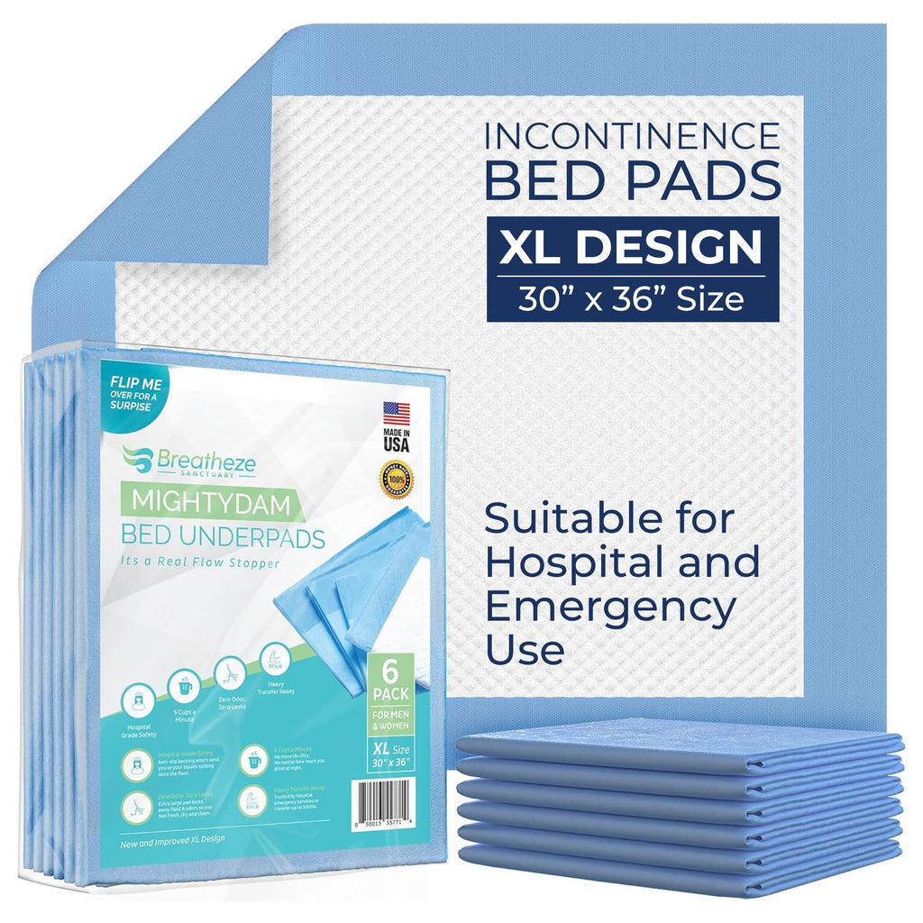 Breatheze Incontinence Bed Pads - Extra Large Disposable Underpads for Adults, Elderly, Kids, and Pets - Heavy Duty Absorbent Pa