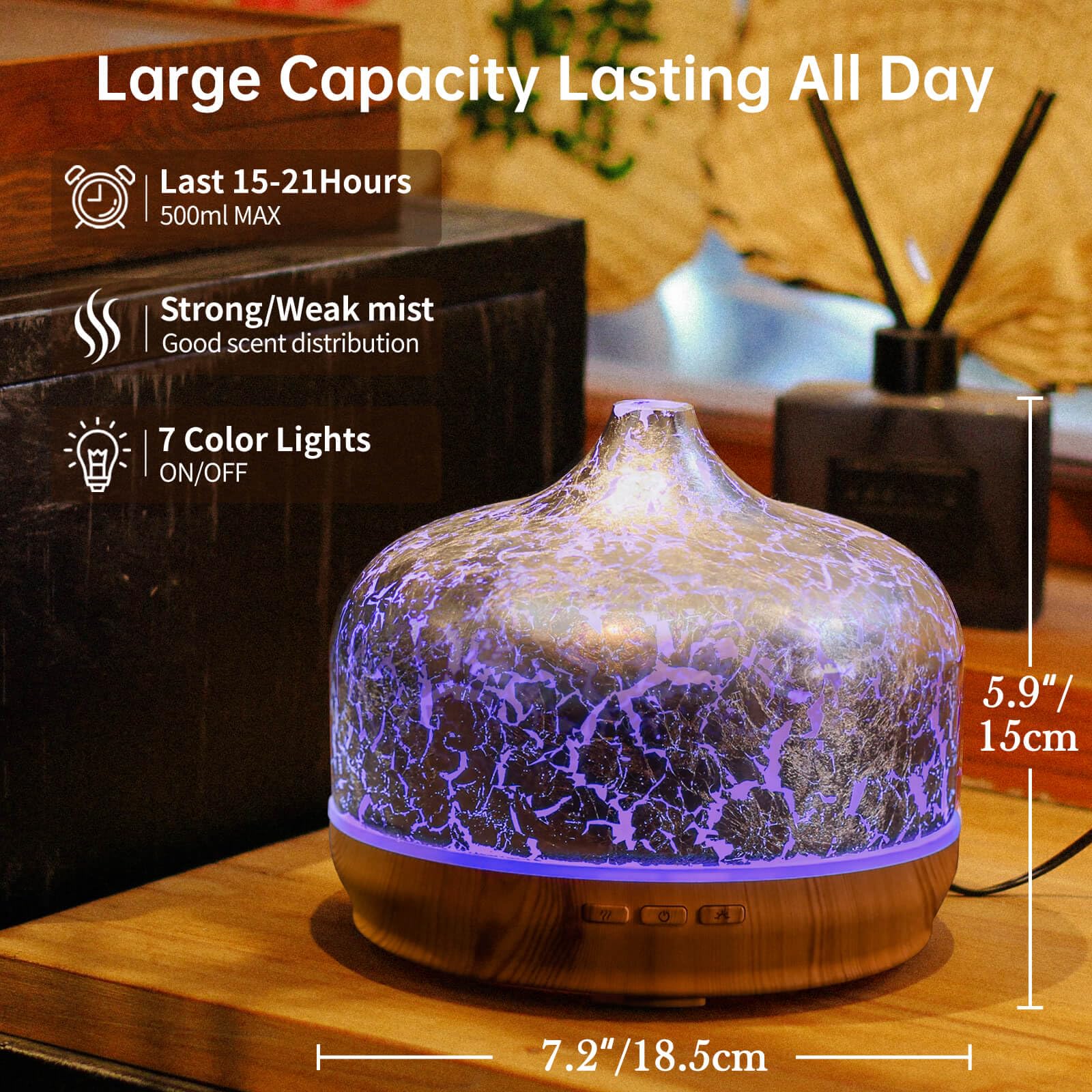 Porseme 500ml Essential Oil Diffuser Silver Plated Glass Aromatherapy Ultrasonic Humidifier - Auto Shut-Off, Timer Setting, BPA