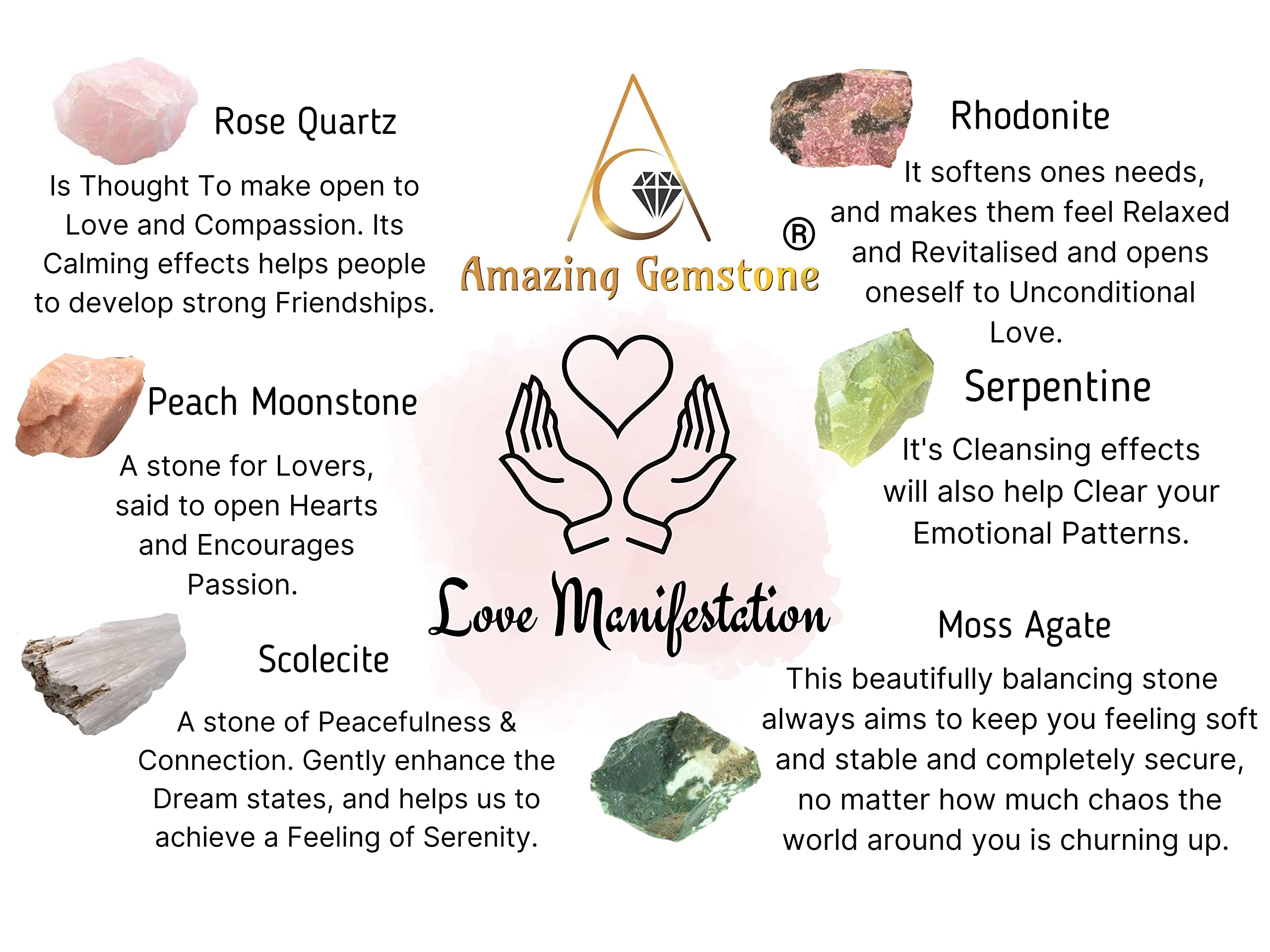 Crystals for Love Manifestation, Set of 6 Rose Quartz, Rhodonite, Peach Moonstone, Serpentine, Scolecite and Moss Agate Healing