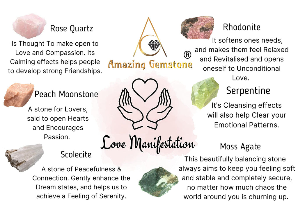 Crystals for Love Manifestation, Set of 6 Rose Quartz, Rhodonite, Peach Moonstone, Serpentine, Scolecite and Moss Agate Healing