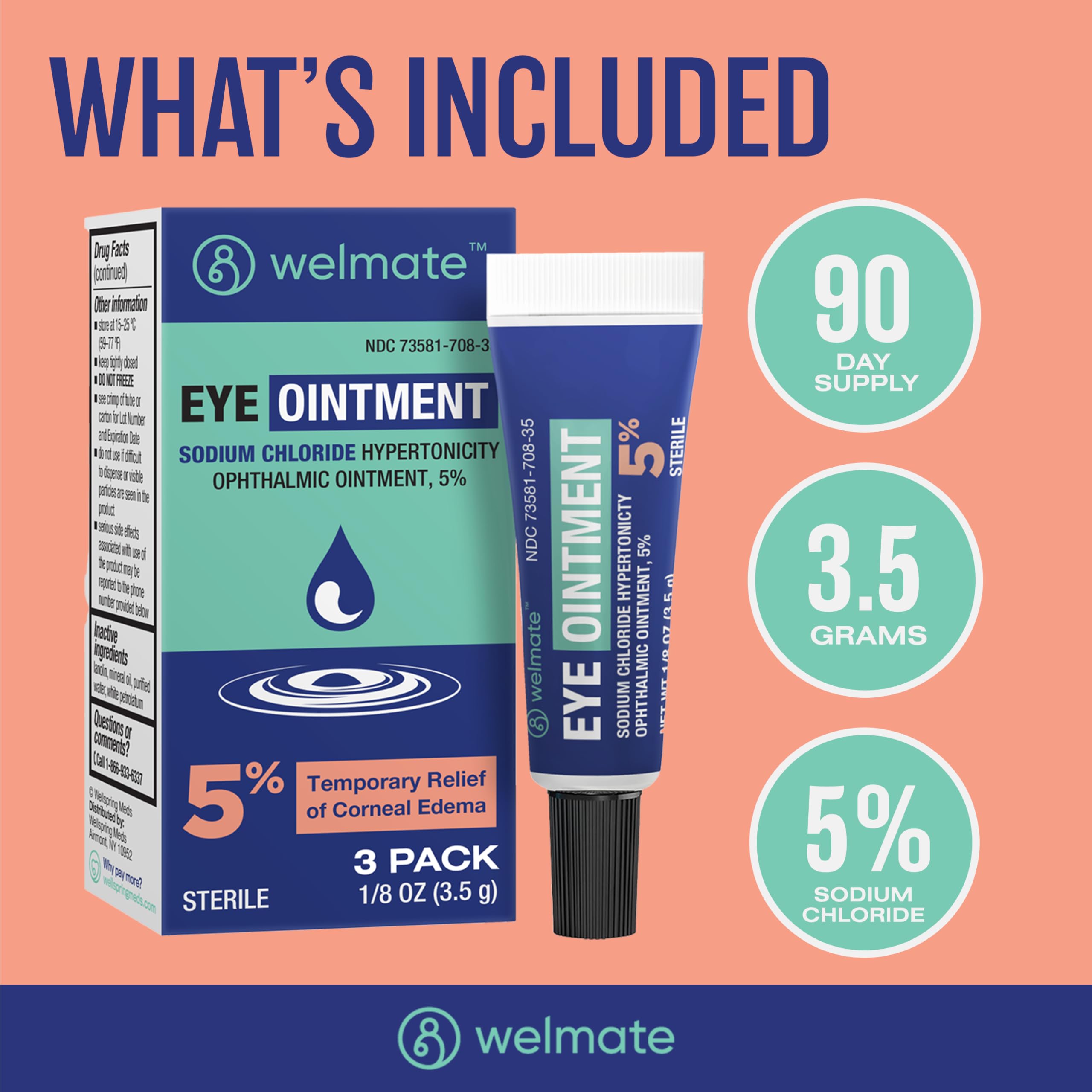 WELMATE - Eye Ointment (3 Pack) - Sodium Chloride Hypertonicity Ophthalmic Ointment 5% - Temporary Relief of Corneal Edema Eye S