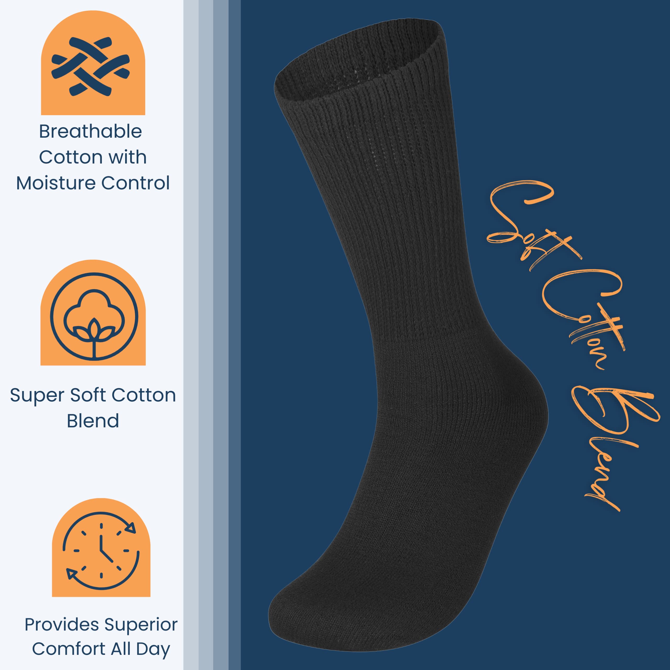 Special Essentials 12 Pairs Cotton Diabetic Socks for Men & Women - Non-Binding Extra Wide Top Neuropathy Socks - Crew Socks Bla