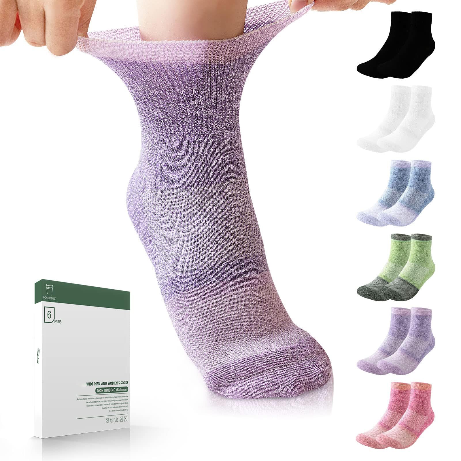 Bulinlulu Diabetic Socks for Women&Men,6 Pairs Bamboo Non Binding Diabetic Ankle Socks,Wide Socks with Seamless Toe(Medium,Brigh