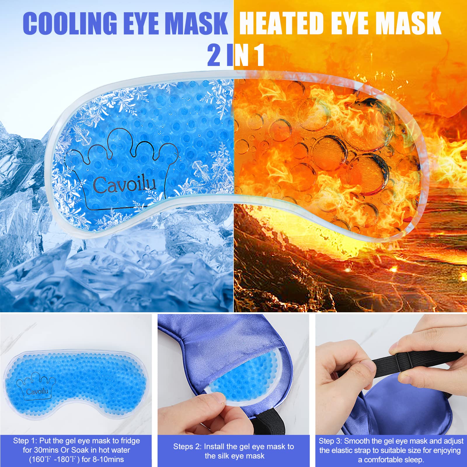 Cavoilu Cooling Sleep Mask w/Gel Eye Mask, Silk Eye Mask for Sleeping, Heated Eye Masks, Blindfold Eye Cover Sleeping Mask for H