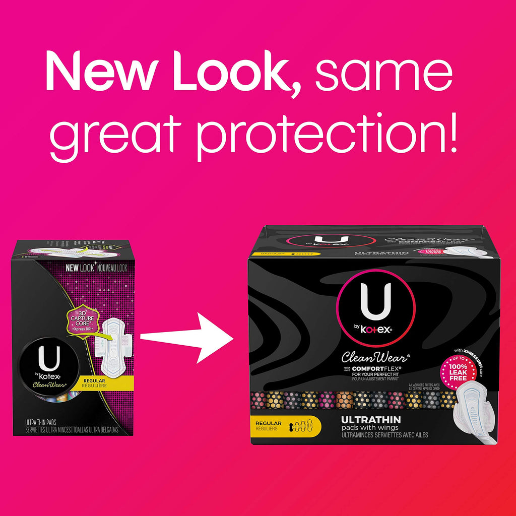 U by Kotex CleanWear Ultra Thin Feminine Pads with Wings, Regular Absorbency, 32 Count