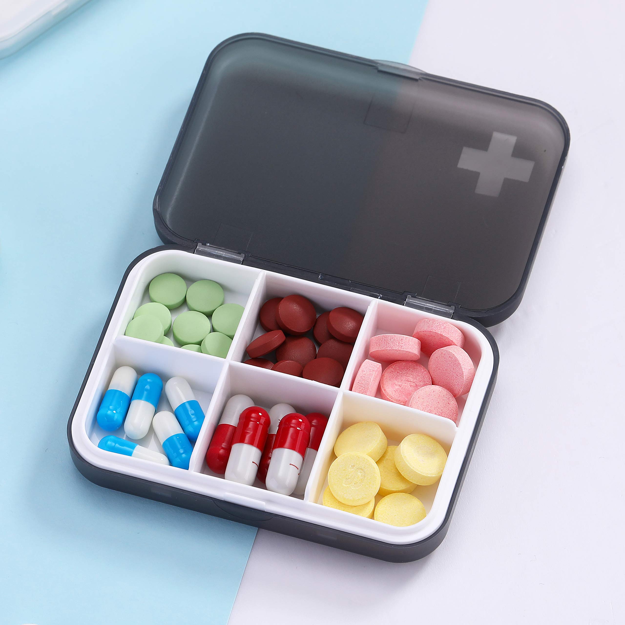 ZDQZC Portable Pill Organizer - Slim Pill Box for Purse or Travel, Compact Pill Case(6 Compartment,Gray)