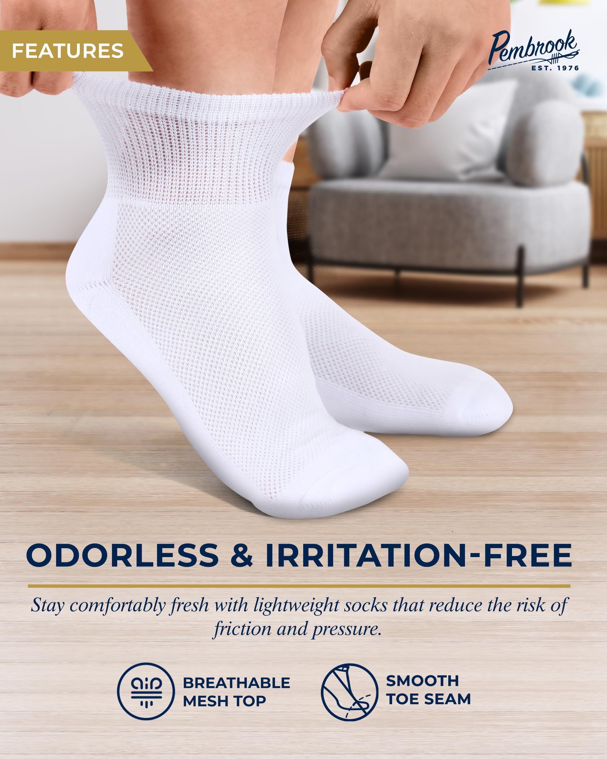 Pembrook White Diabetic Socks for Men & Women | 6 Pairs | Wide Stretch Top Mens Diabetic Socks | Diabetic Socks for Men 9-12 | A