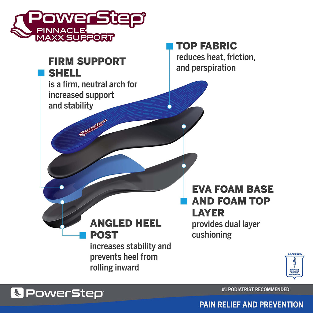 PowerStep Pinnacle Maxx Orthotic Insoles - Orthotics for Overpronation with Maximum Stability & Comfort - Firm + Flexible Angled
