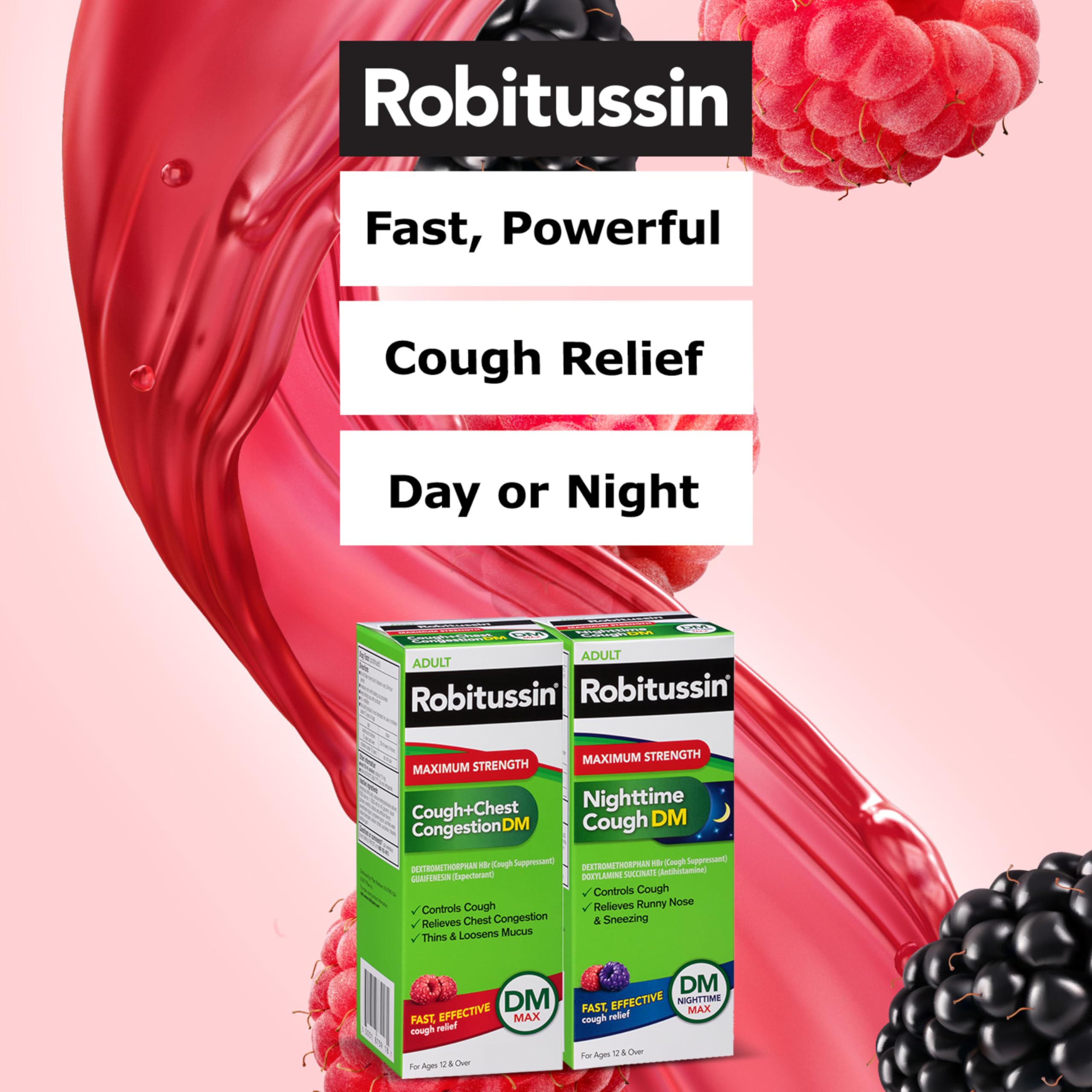 Robitussin DM Max Cough Plus Chest Congestion and Robitussin Maximum Strength Nighttime Cough DM, Adult Formulas - 2 x 8 Fl Oz B